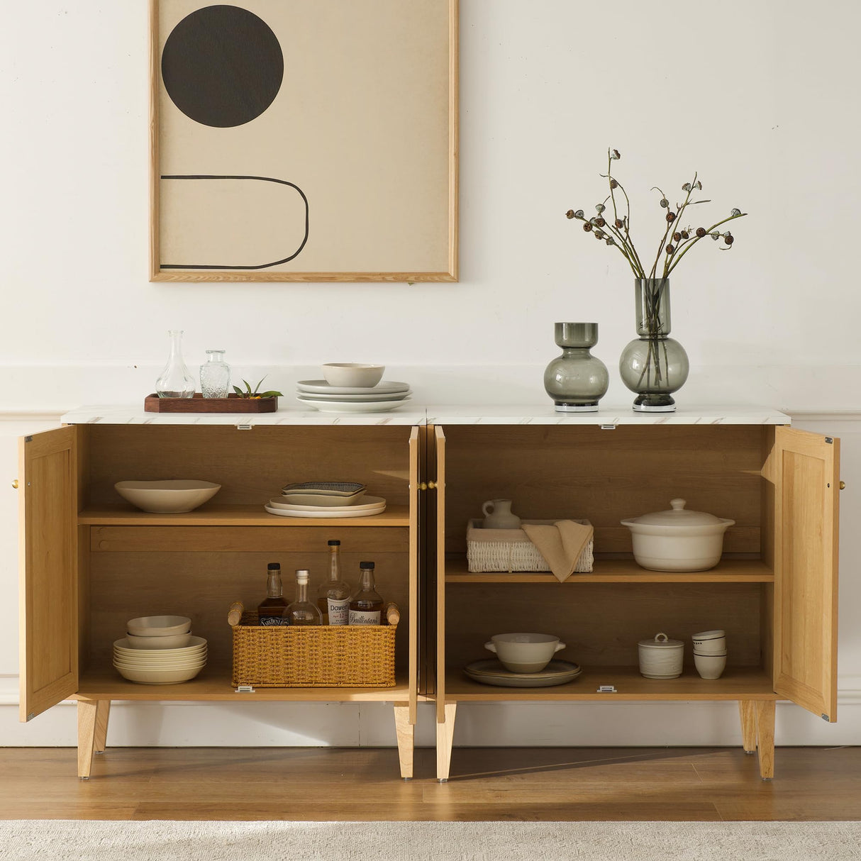 HoeuThien Oak Storage Cabinet Modern Freestanding Accent Cabinet Sideboard Buffet with Faux Marble Top & Adjustable Shelves Wooden Credenza for Dining Room, Living Room Entryway Natural HoeuThien