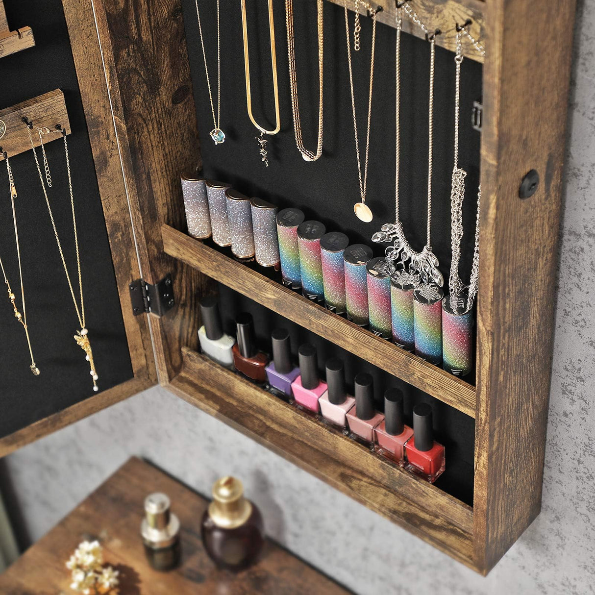 SONGMICS Lockable Jewelry Cabinet Armoire with Mirror, Wall-Mounted Space Saving Jewelry Storage Organizer, Rustic Brown UJJC051K01 SONGMICS