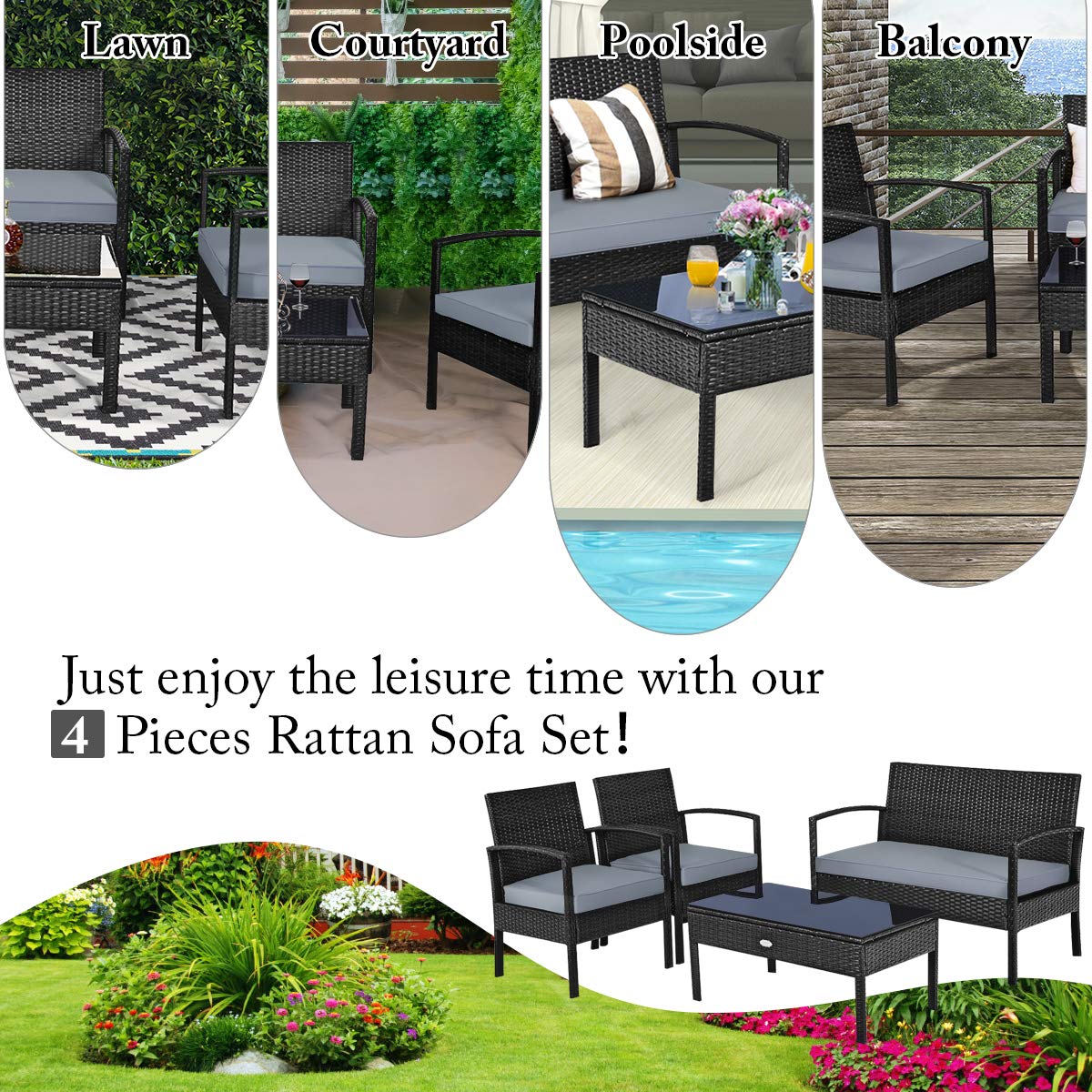 COSTWAY 4PCS Patio Rattan Furniture Set, Outdoor Wicker Conversation Set with Tempered Glass Coffee Table, Seat Cushions, Ideal for Poolside Balcony Porch Backyard COSTWAY