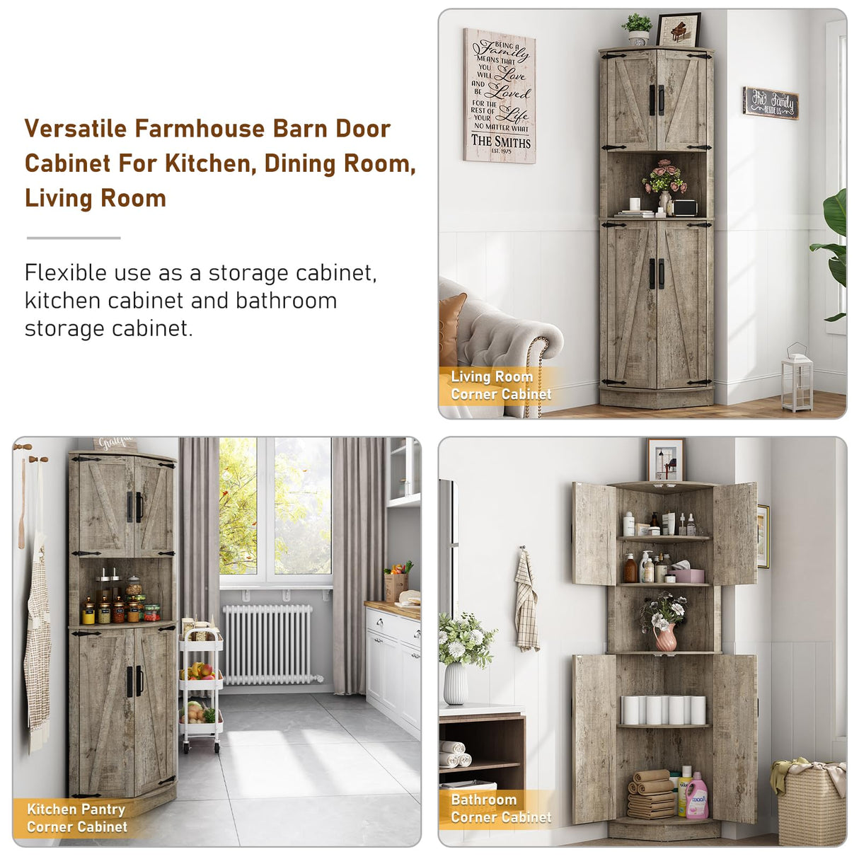 Hlivelood 68" Tall Farmhouse Corner Cabinet, Dining Room Storage Cabinet with 4 Barn Doors and 5 Level Storage with Adjustable Shelves, for Kitchen, Living Room, Laundry Room, Light Rustic Oak Hlivelood