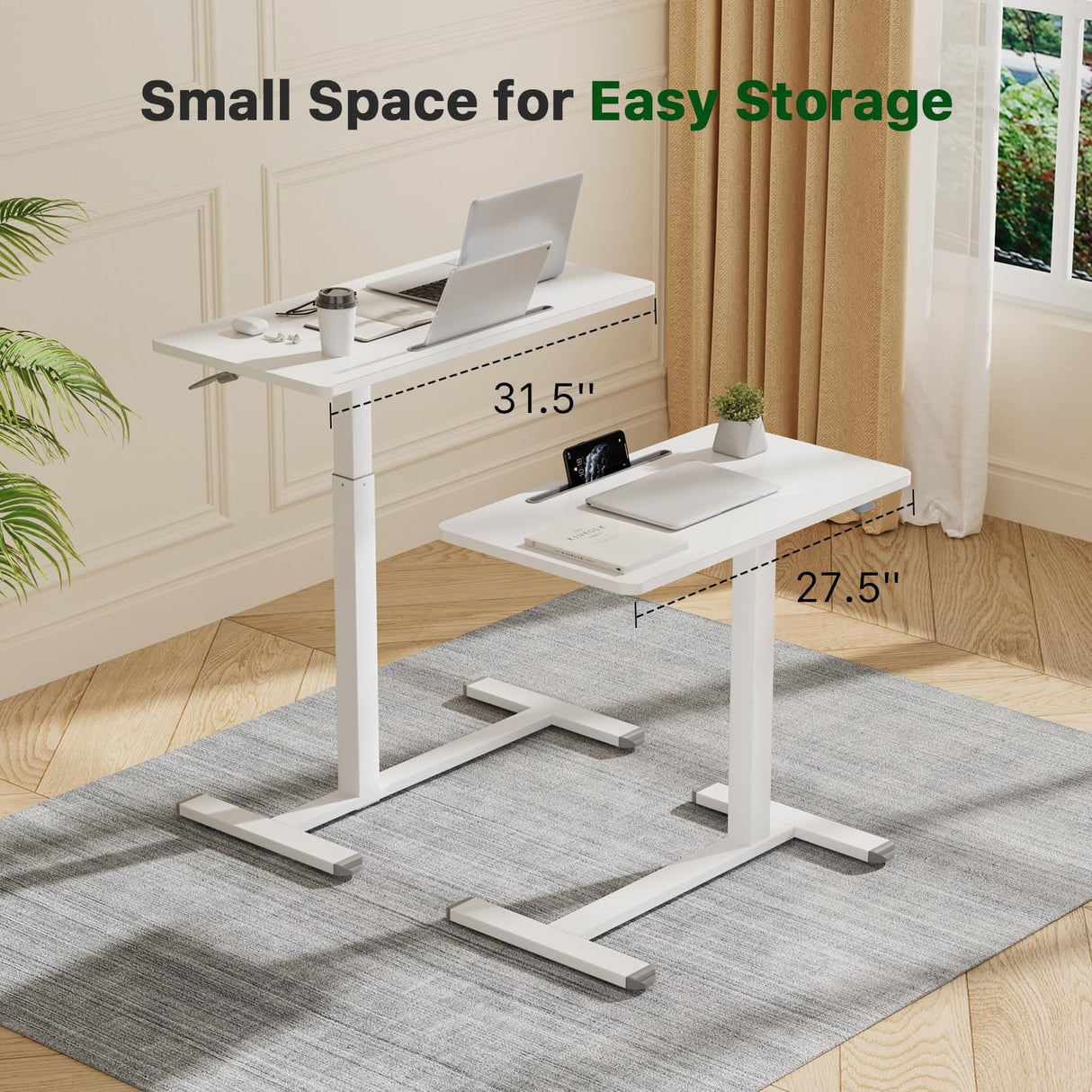 Gibbon Mounts Mobile Standing Desk, Pneumatic Adjustable Rolling Desk(27.5 Inches), Portable Laptop Desk with Wheels, Overbed Bedside Table Laptop Table for Couch, Home, Office, White Gibbon Mounts