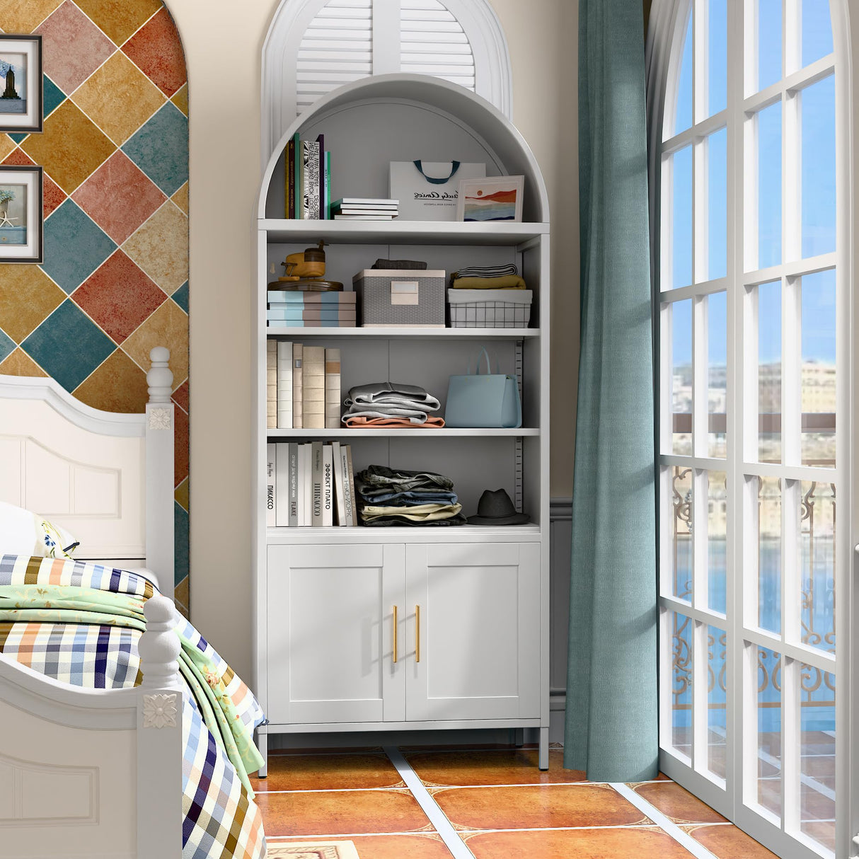 METALYEYE 73" H Metal Arched Cabinet, 5-Tier Arched Bookcase with 2 Doors, Modern Farmhouse Bookshelf with 2 Adjustable Shelves, Kitchen Pantry Cabinet for Living Room, Assembly Required, White METALYEYE