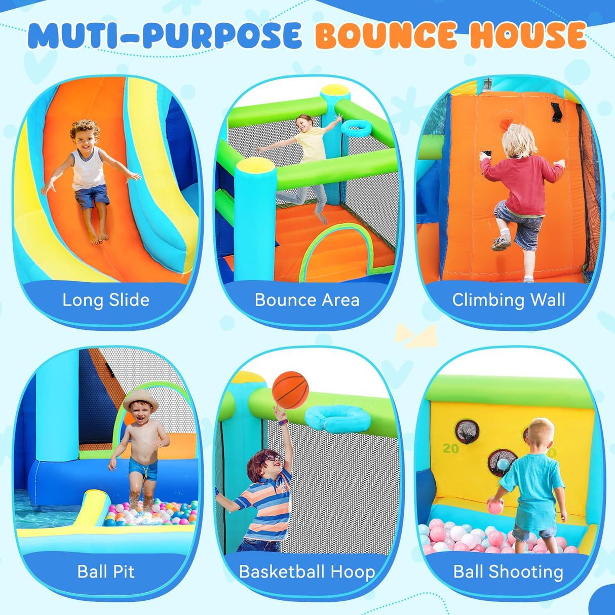 FBSPORT Inflatable Bounce House, Water Slide Park Slide Bouncer with Ball Shooting, Climbing Wall, Jumping and Splash Pool, Kids Bouncy Castle with 450W Air Blower for Outdoor Backyard FBSPORT