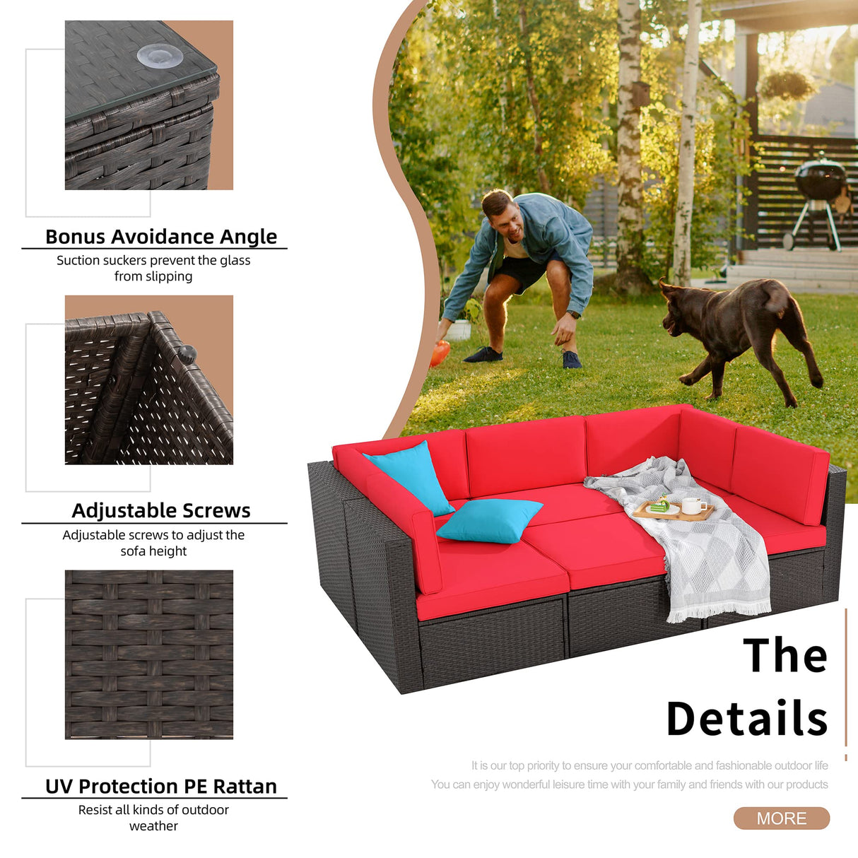 Shintenchi 6 Pieces Patio Furniture Sets Outdoor All-Weather Sectional Patio Sofa Set PE Rattan Manual Weaving Wicker Patio Conversation Set with Glass Table&Ottoman Cushion and Red Pillows, Red Shintenchi