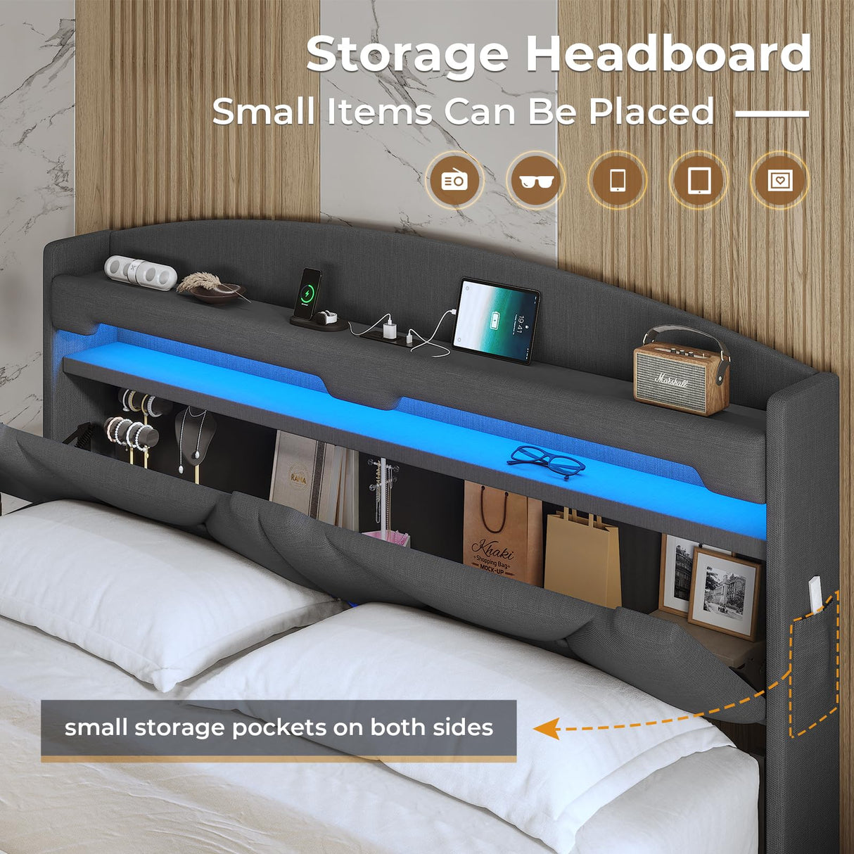 Modern ADORNEVE King Size Floating Bed Frame with USB-C Charging Station and LED Lights ADORNEVE