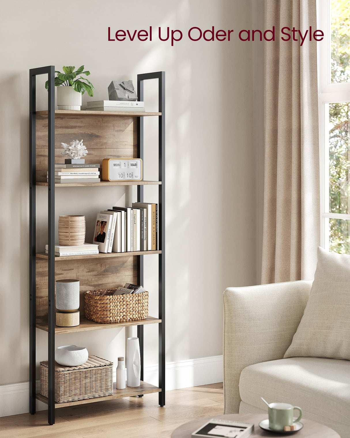 VASAGLE Industrial 5-Tier Bookshelf with Steel Frame in Rustic Walnut and Black VASAGLE