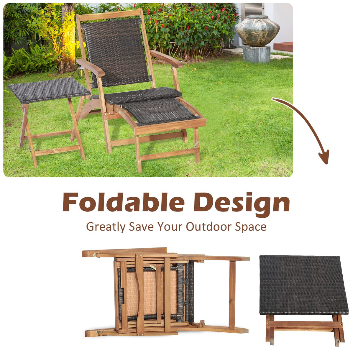 Tangkula Patio Lounge Chair and Side Table Set, Acacia Wood Wicker Folding Table and Armrest Chair with Retractable Ottoman, Outdoor Chaise Lounger for Garden, Backyard, Poolside, Balcony Tangkula
