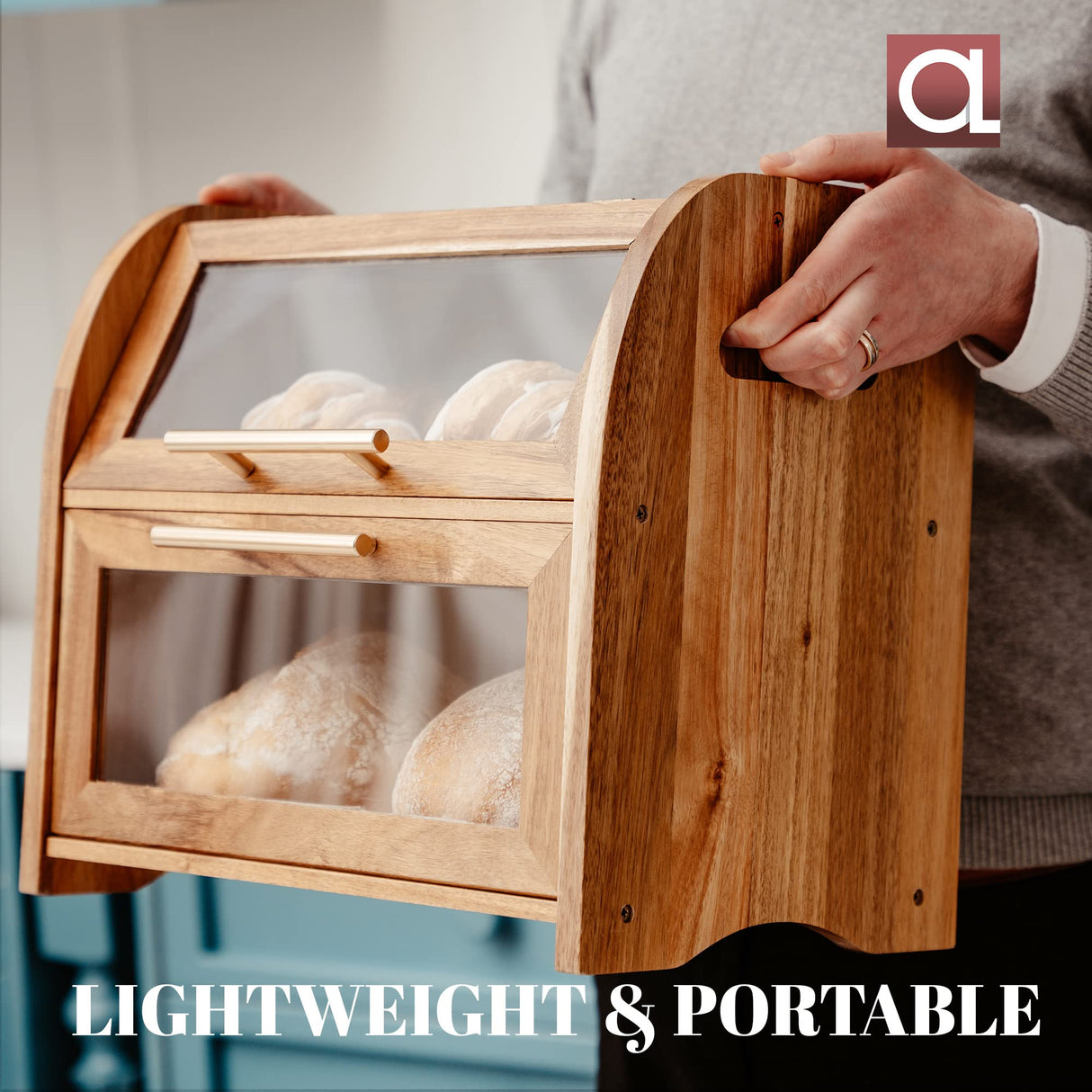 Arise Stylish Acacia Bread Box for Kitchen Countertop, Extra Large 2-Shelf Wooden Bread Storage Container with Clear Windows and Air Vents Keep Bread, Bagels and Rolls Fresh, Self Assembly Apace Living