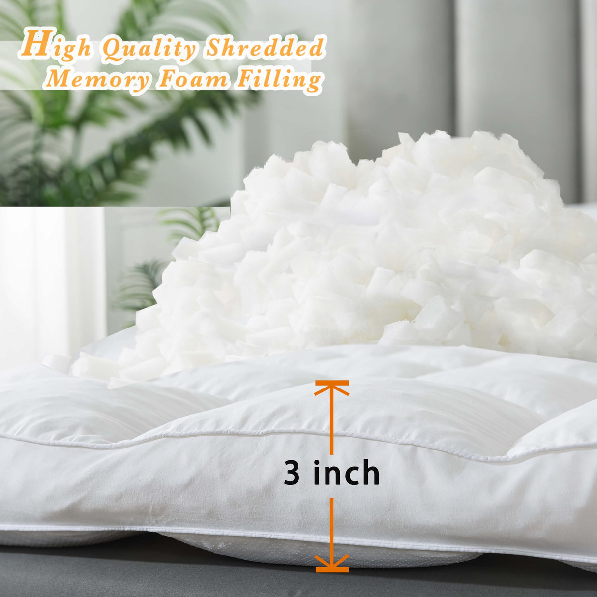 WhatsBedding 3 Inch Memory Foam Mattress Topper Queen Size for Pressure Relief, Fluffy & Soft Shredded Memory Foam Filled Pillow Top, 4 Anchor Elastic Bands, 1700GSM, 60x80in WhatsBedding