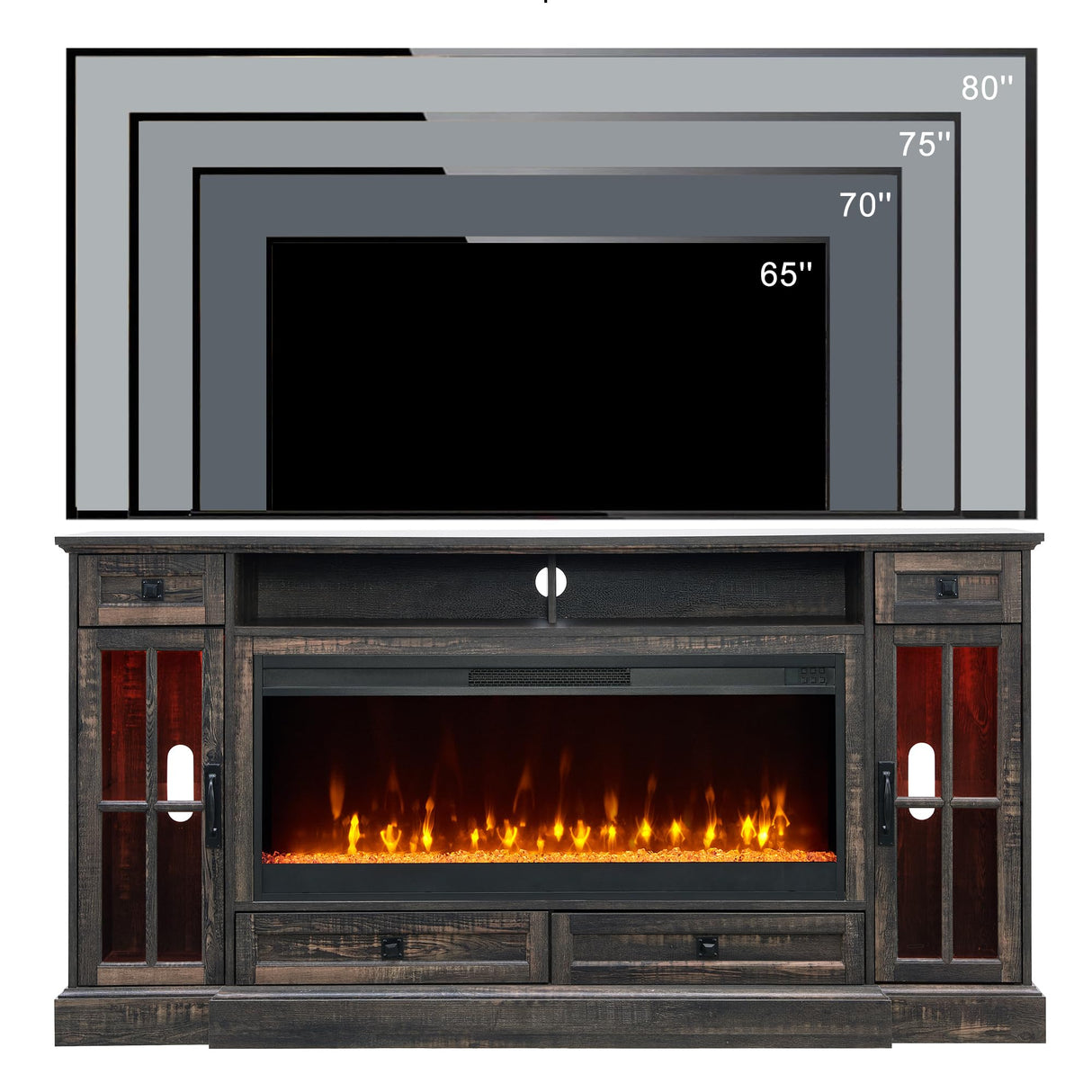 OKD Fireplace TV Stand for 80 Inch TV, Farmhouse Entertainment Center with 42" Fireplace & LED Lights, Modern Media Console Table with Storage Drawers & Cabinets for Living Room, Dark Rustic Oak OKD