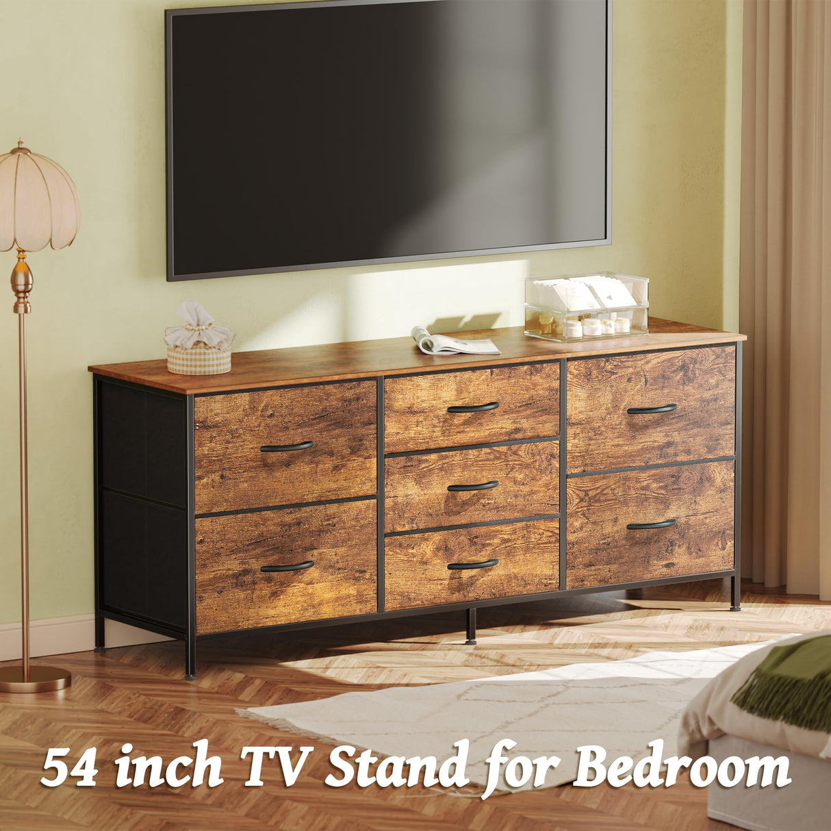 Huuger Dresser for Bedroom, 55 Inch TV Stand for 43, 55, 60 Inch TV, Long Fabric Dresser with 7 Drawers, Chest of Drawers for Storage, Closet, Clothing, Rustic Brown Huuger