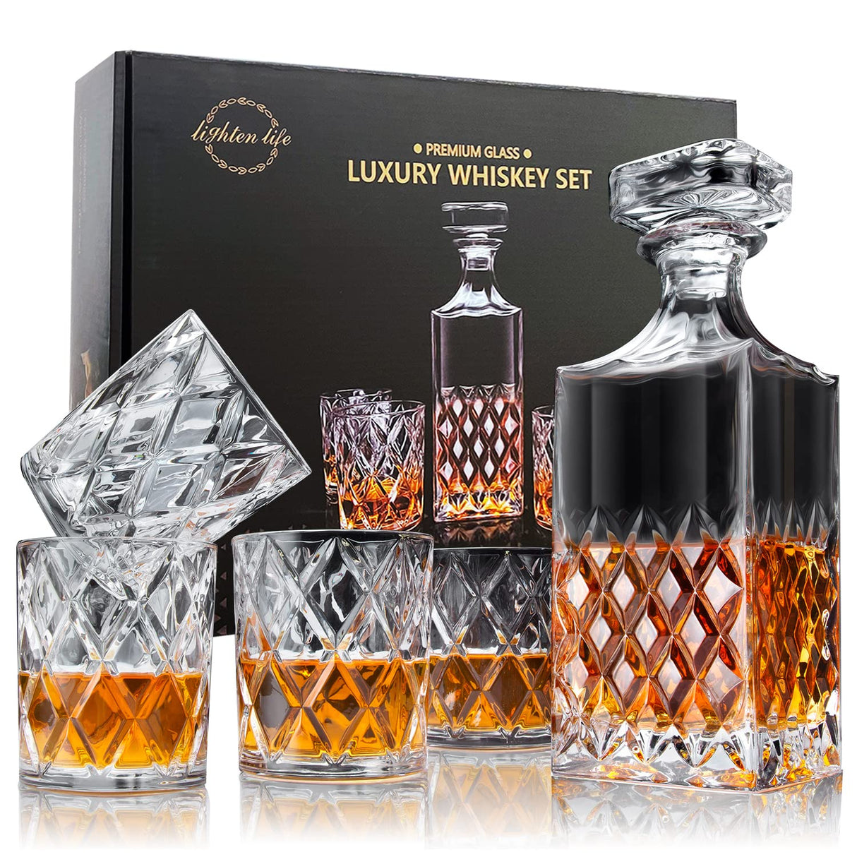 LIGHTEN LIFE Whiskey Decanter Set,Italian Style Decanter Set with 4 Glasses in Gift Box,Crystal Bourbon Decanter Set for Scotch,Liquor,Whiskey Decanter Set for Men and Women LIGHTEN LIFE