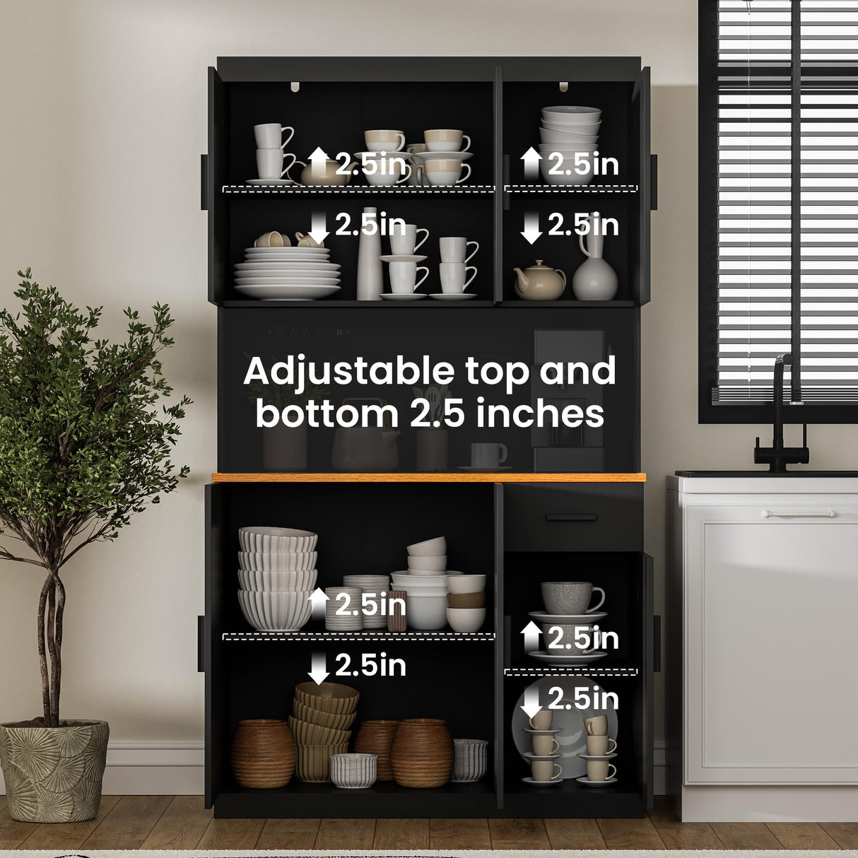 DIYART Black Kitchen Pantry Cabinet, 71" Tall Kitchen Storage Cabinet with Power Outlet, Freestanding Kitchen Hutch with countertop DIYART