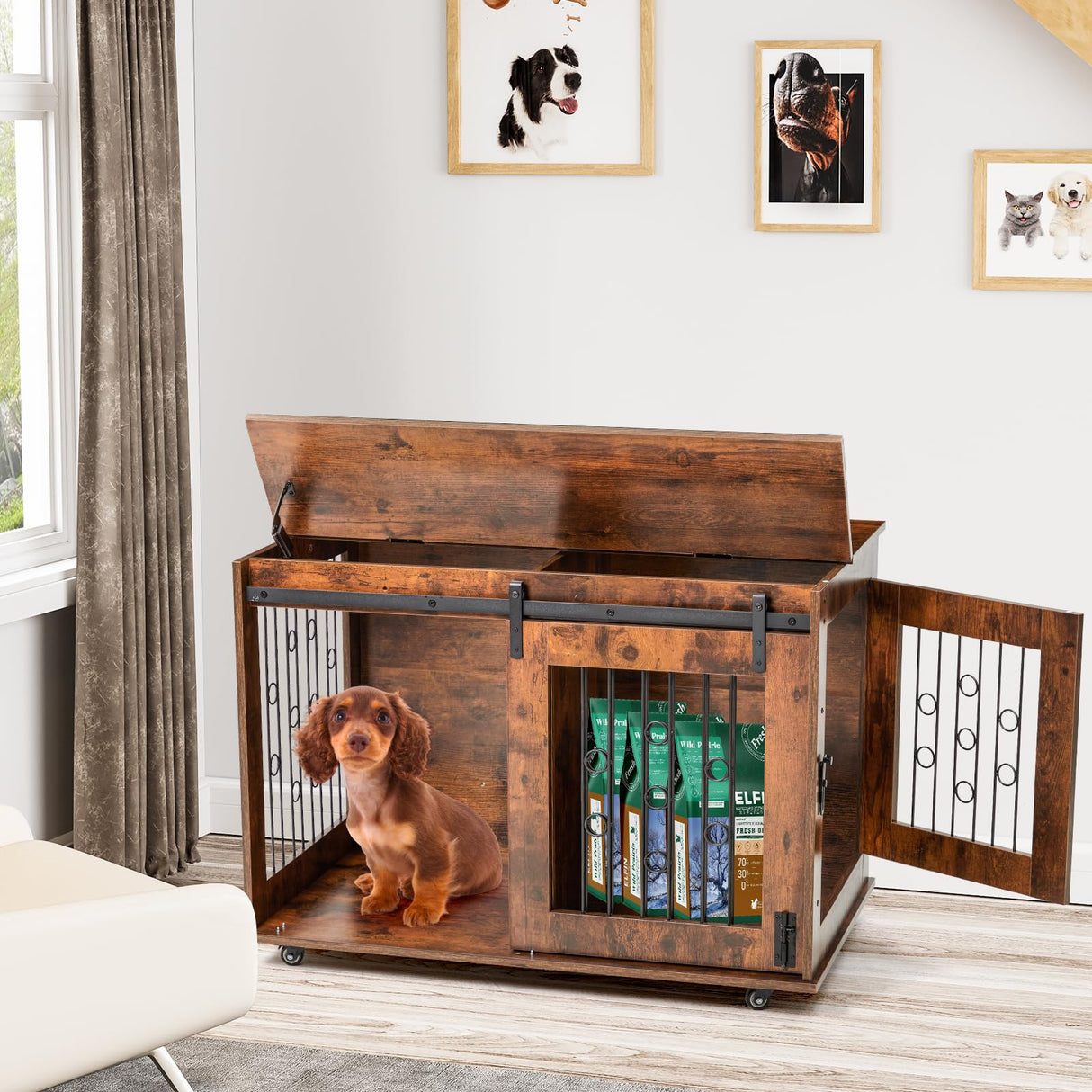 2 Rooms Dog Crate Furniture with Movable Divider,39" Wooden Dog Crate Table,Wooden Dog Kennel Pet House Cage,Flip Top 39.37”Wx25.2”Dx28.94”H GAOMON