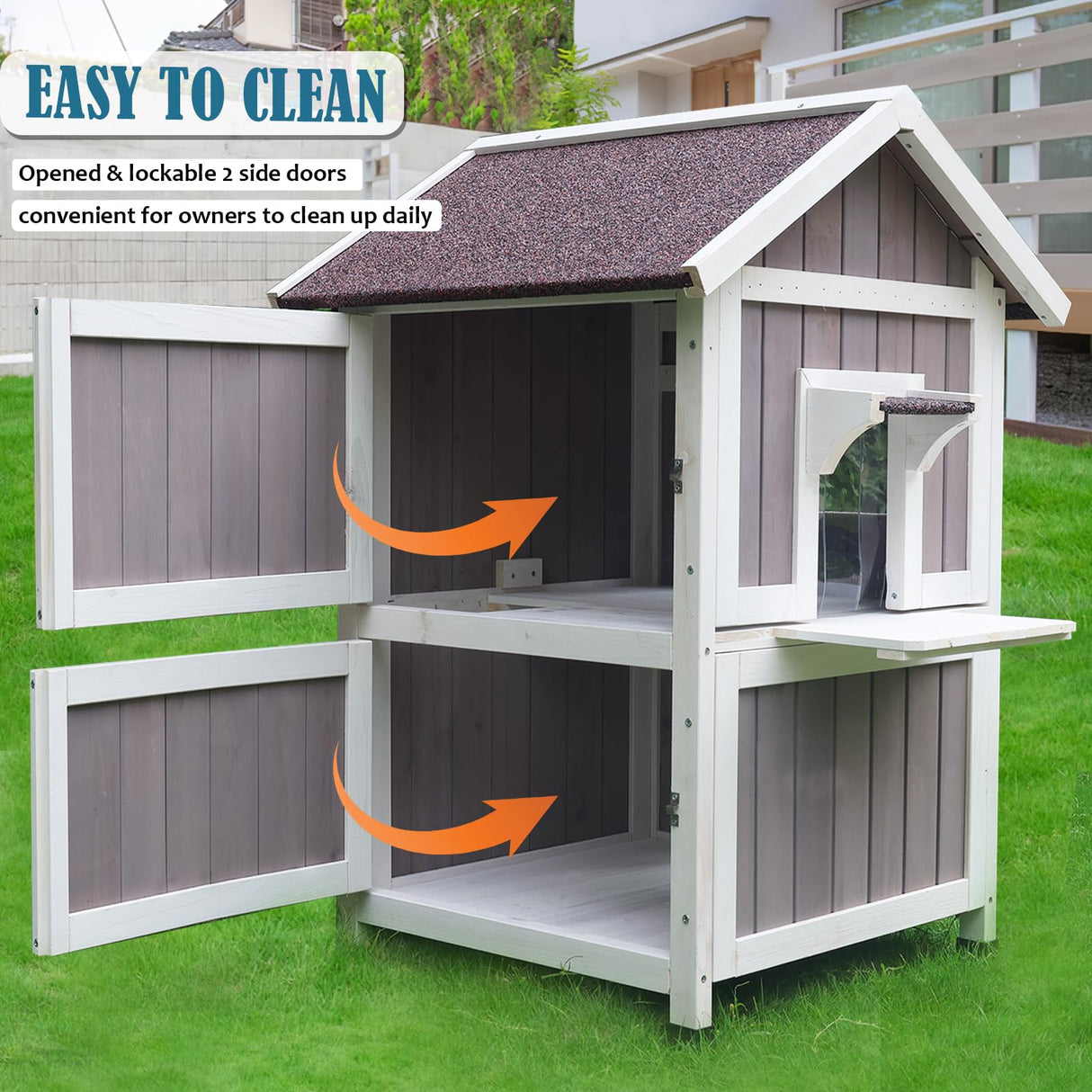 Rockever Outdoor Cat House, 2 Story Outdoor Houses for Feral Cats Wooden Outside Cat Shelter Weatherproof with Escape Door Rockever