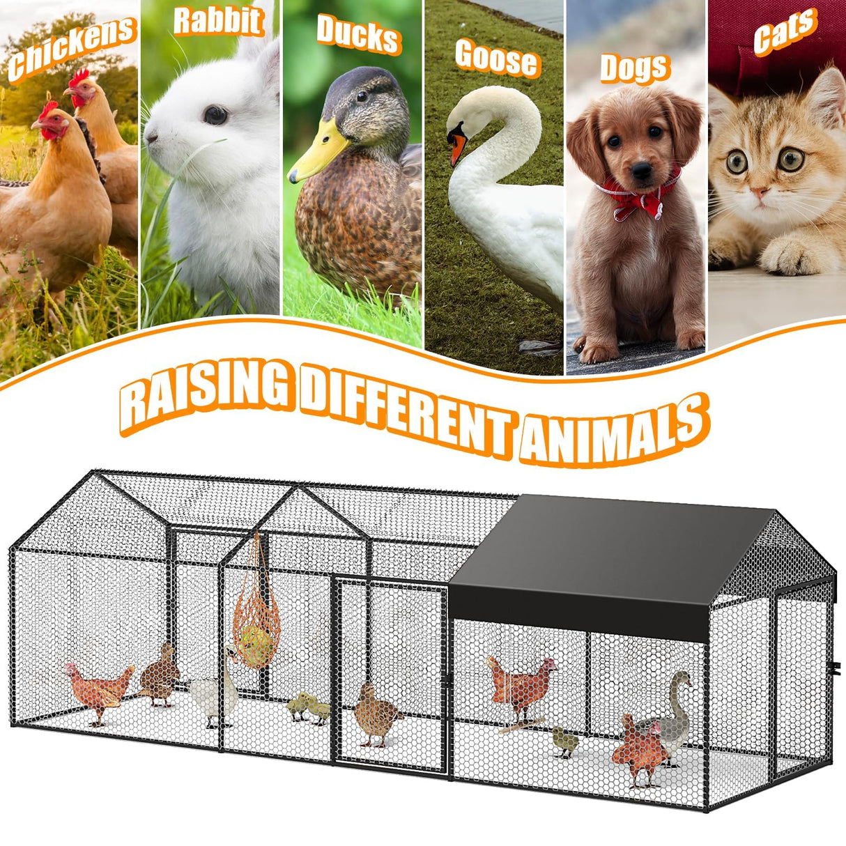 Large Metal Chicken Coop 120"×40"×40" Heavy Duty Chicken Run Hen House with Waterproof Anti-UV Cover for Outdoor Chicken Pens with Chicken Swing LEADONELNTL