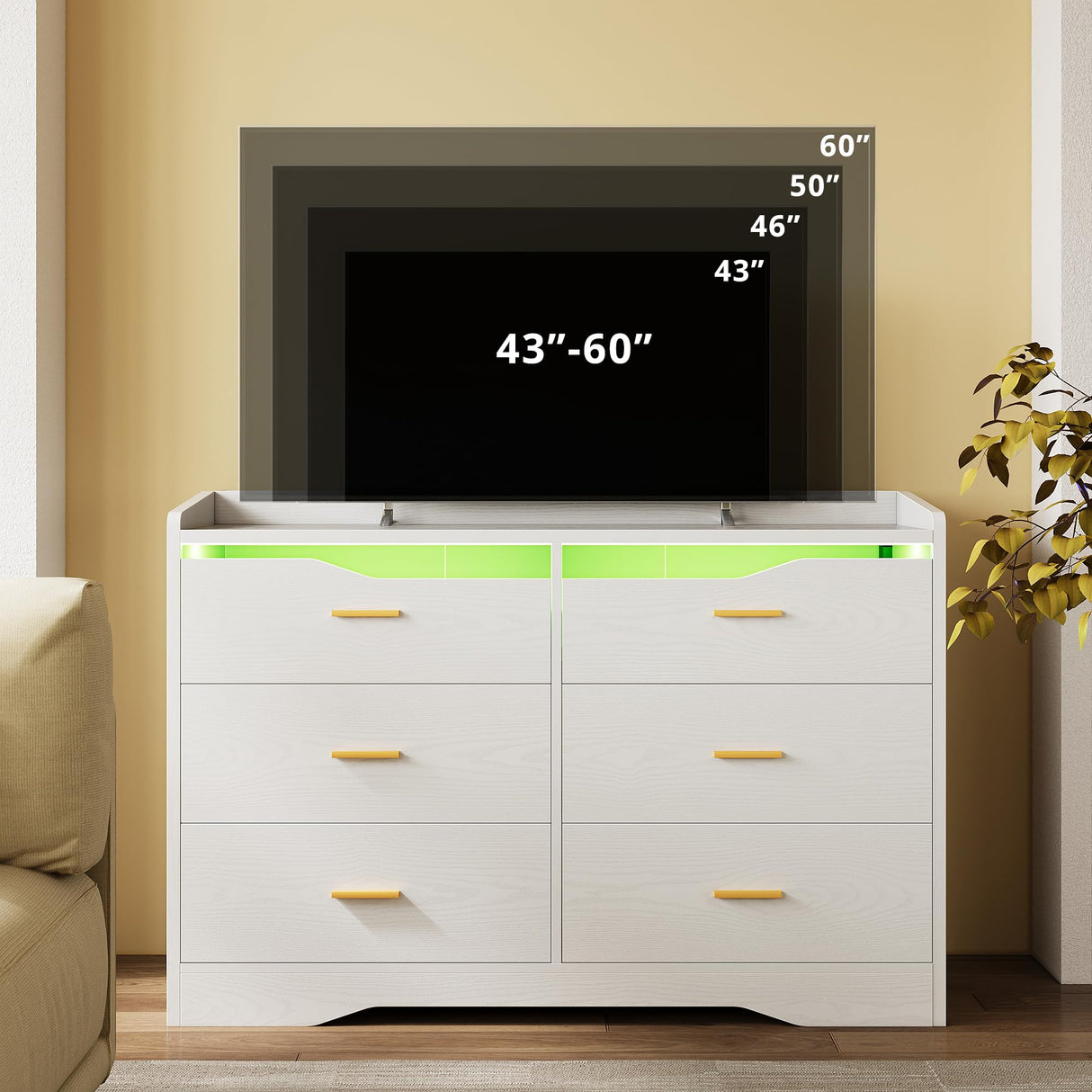 IRONCK Dresser for Bedroom with LED Light and Charging Station, Large Dressers & Chests of Drawers with 6 Wooden Drawers, Storage Organizer Dresser for Hallway, Bedroom, White IRONCK