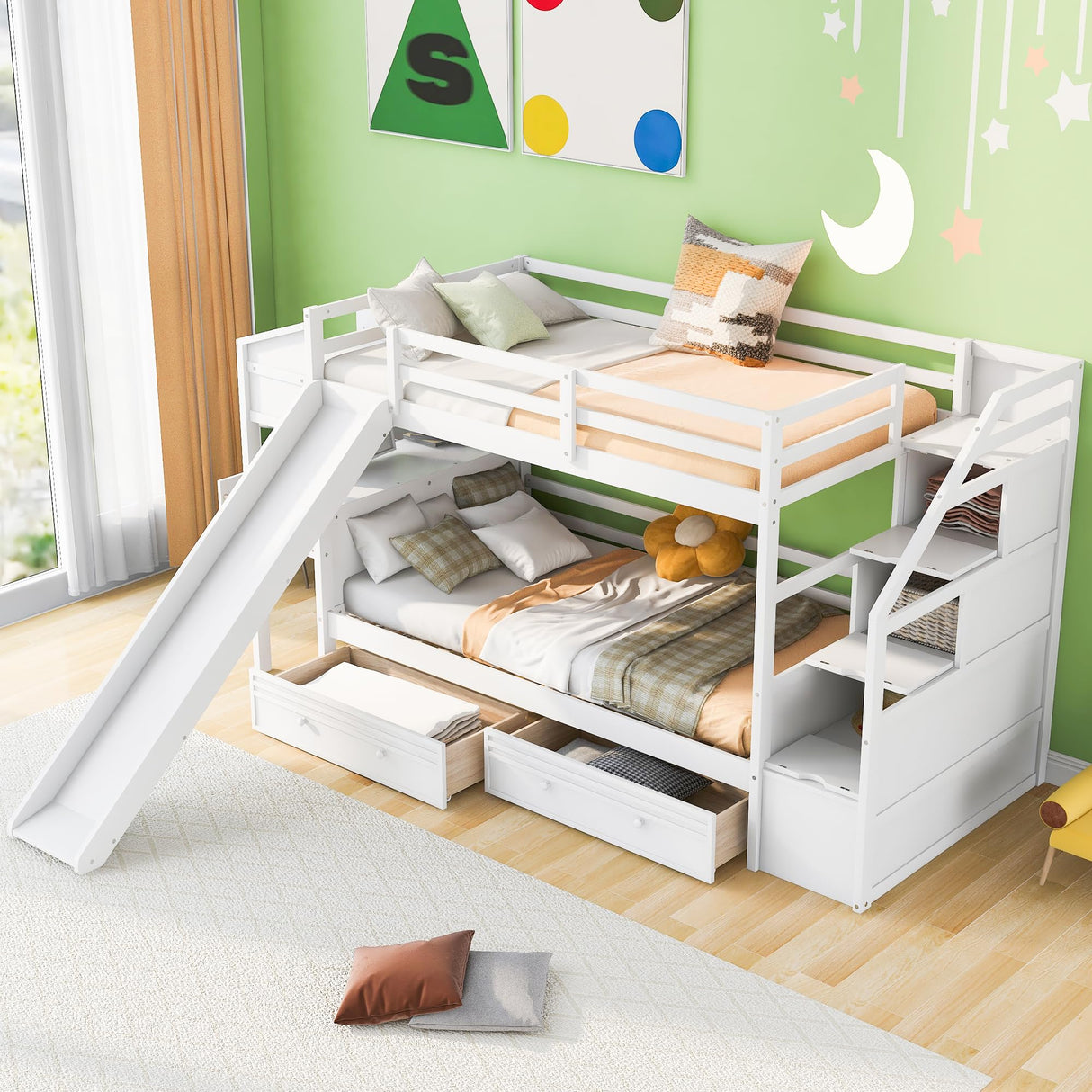 Harper & Bright Designs Bunk Bed with Stairs & Slide, Wood Twin Over Twin Bunk Bed with Desk and Shelves,Bunk Bed Twin Over Twin Size with Storage Drawers for Kids Teens Girls Boys, White Harper & Bright Designs