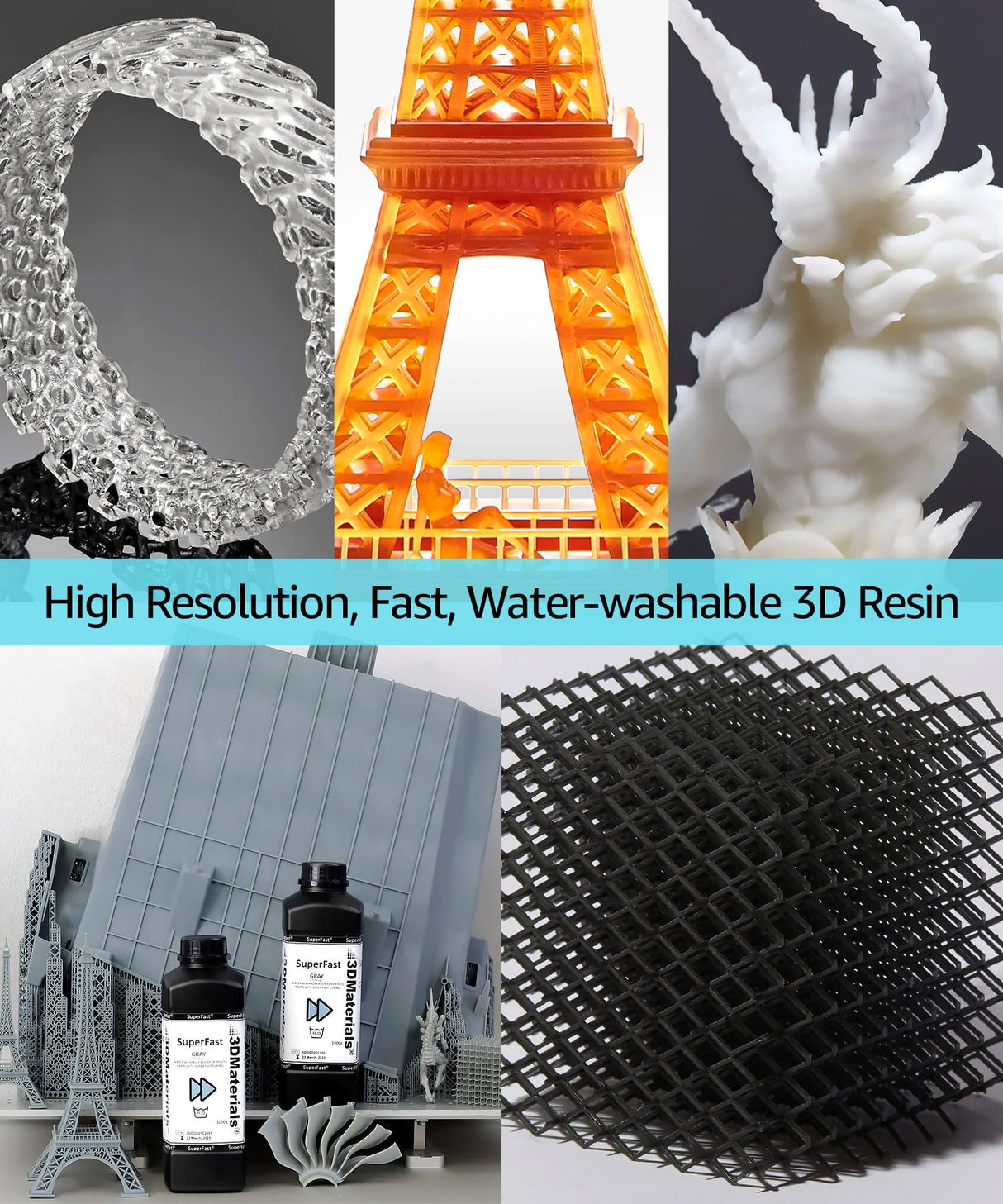 SuperFast 3D Printer Resin Water Washable, 0.6 sec 50um Printing, Made in Korea by 3DMaterials (1000g, Dark Grey) 3DMaterials
