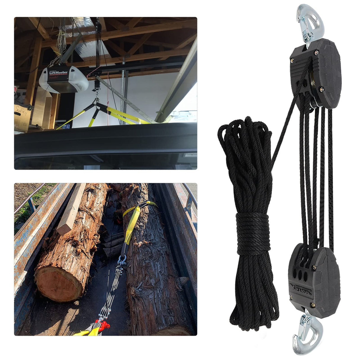 XSTRAP STANDARD Heavy-Duty Block and Tackle Pulley System, 1000LB wCapacity, 5:1 Lifting Power, 50FT Rope Hoist with 2 Soft Loops for Garage, Hunting, Tree Cutting, Deer Hoist, DIY Attic Lift, Black XSTRAP STANDARD