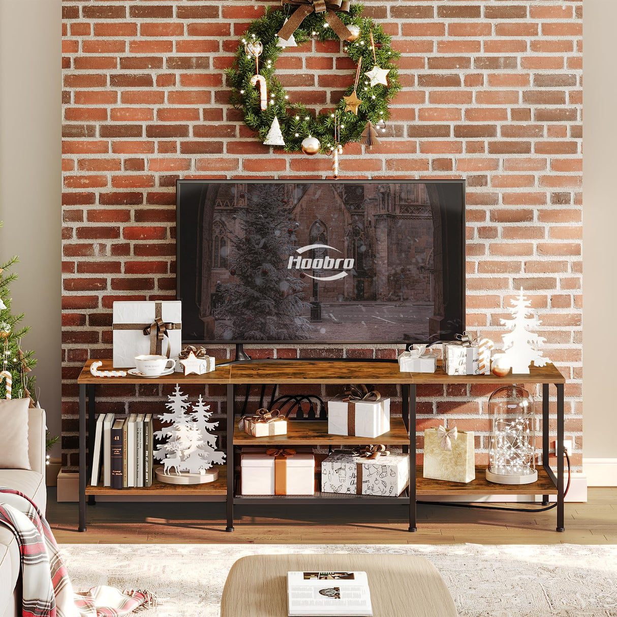 HOOBRO TV Stand with Power Outlets to 75 Inches, TV Console Table with Open Storage Shelves Cabinet, Industrial Media Entertainment Center for Living Room Bedroom, Rustic Brown and Black BF80DS01 HOOBRO