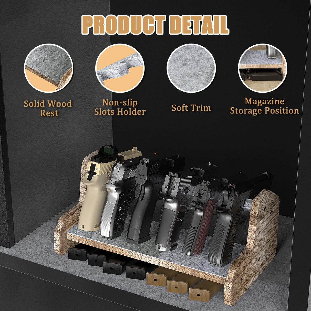 Aoanoko Pistol Rack for Gun Safe, Handgun Rack with Non Slip Carpeted Surface, Pure Wood Made Pistol Stand for Gun Cabinet Storage Pistol Storage, 6 Slots Pistol Stand Aoanoko