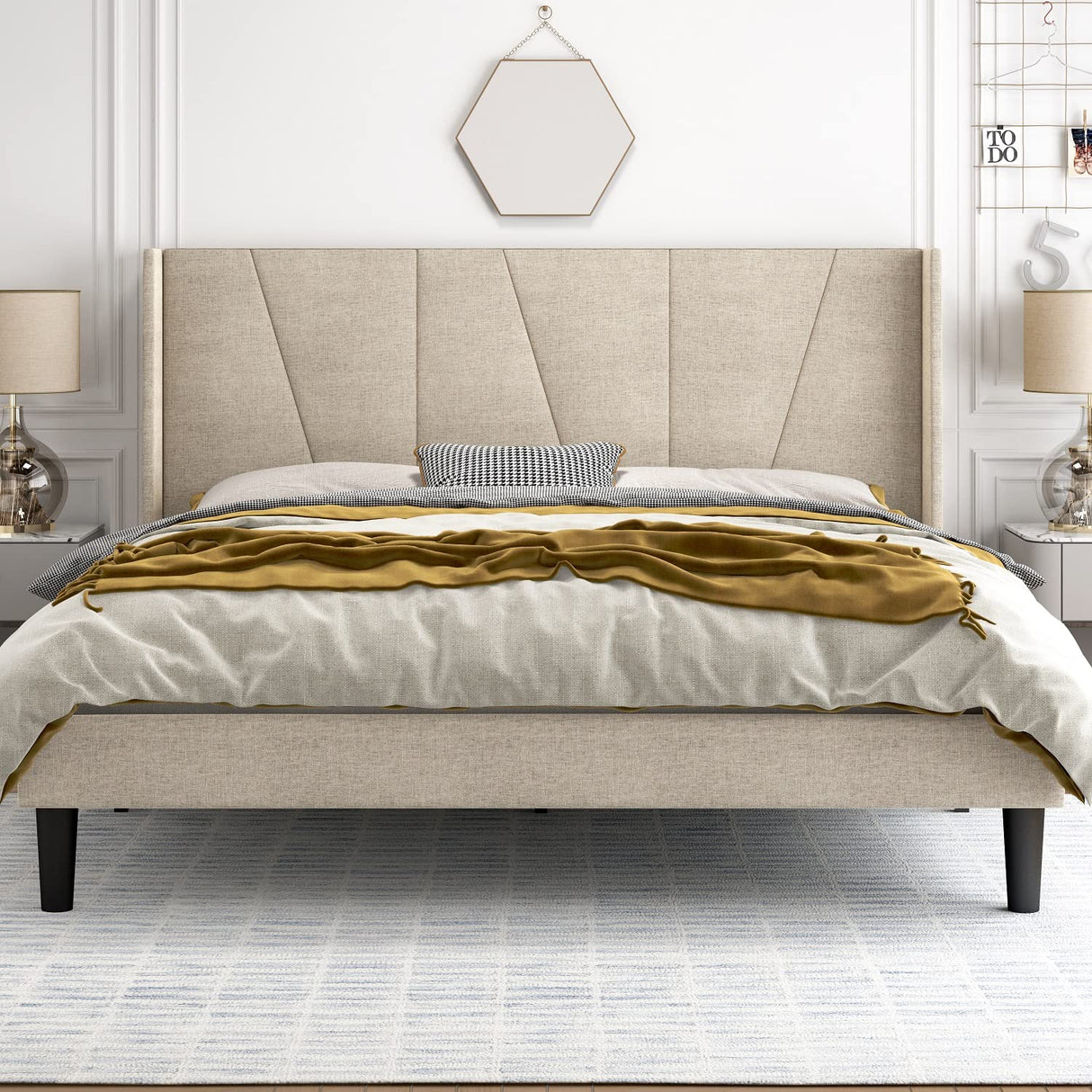 HOOMIC King Size Modern Beige Platform Bed Frame with Geometric Wingback Headboard HOOMIC
