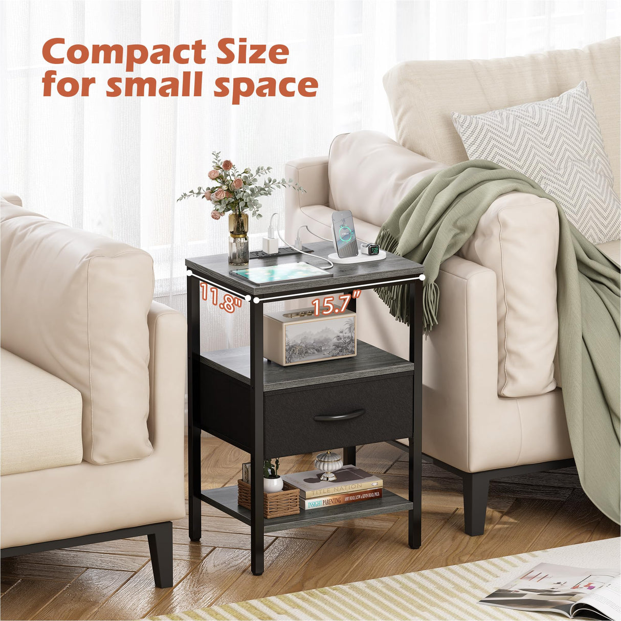 SUPERJARE Nightstand Set of 2, Bed Side Tables with Charging Station, Adjustable Fabric Drawer, Night Stand for Bedroom, 3-Tier Storage End Tables, for Living Room - Charcoal Gray SUPERJARE