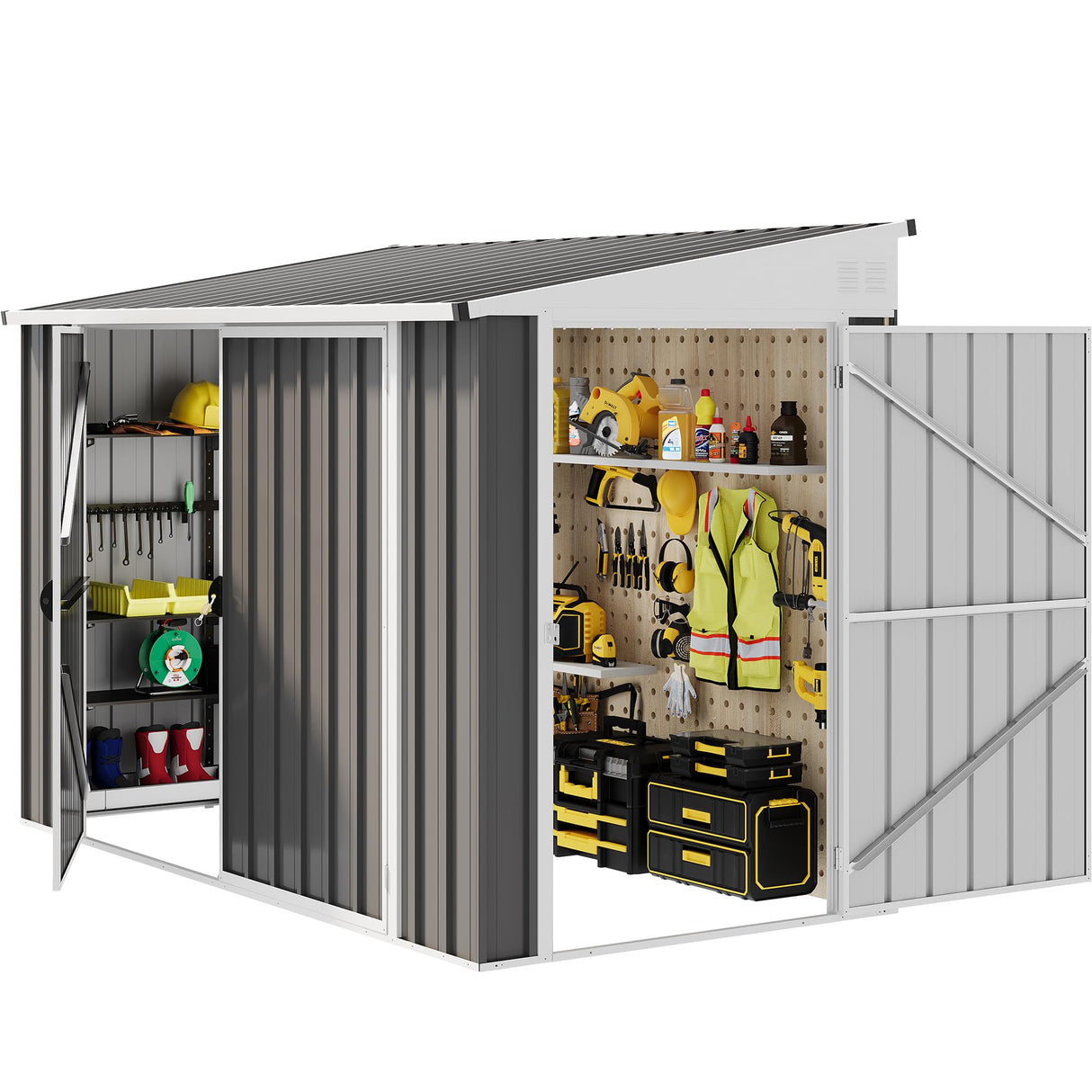 DWVO 8x4 FT Outdoor Weatherproof Storage Shed, Secure Metal Bike Shed w/Lockable Entry, Garden Storage Solution for Lawn Equipment, Tools, Waste Bin, Dark Gray DWVO