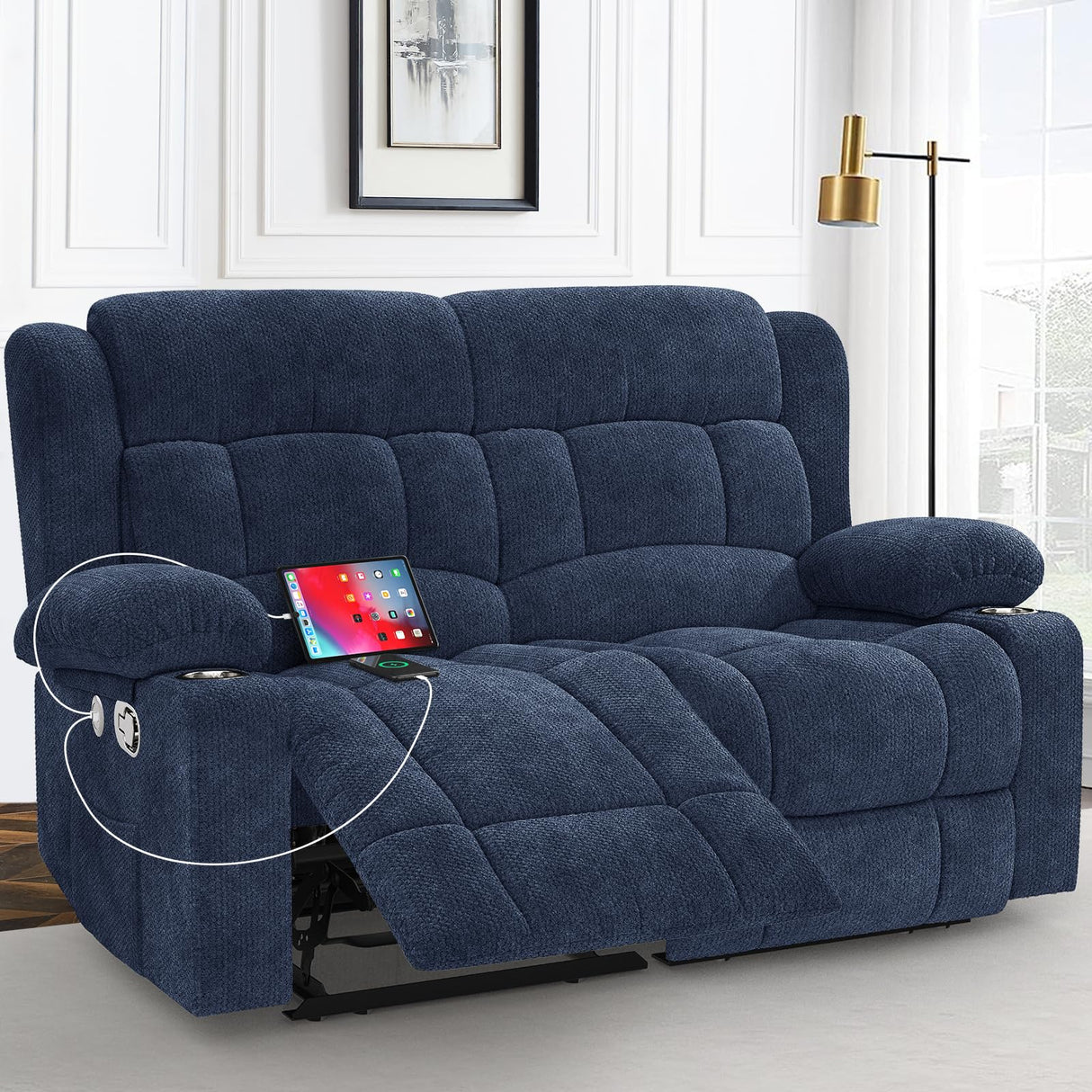 IROSTAE Loveseat Recliner Sofa, 2 Seater Minimalist Style Fabric Manual Pull Tab Reclining Loveseat with USB Charge Ports, Cup Holders, Recliner Love Seat Couches for Living Room, RV, Blue IROSTAE