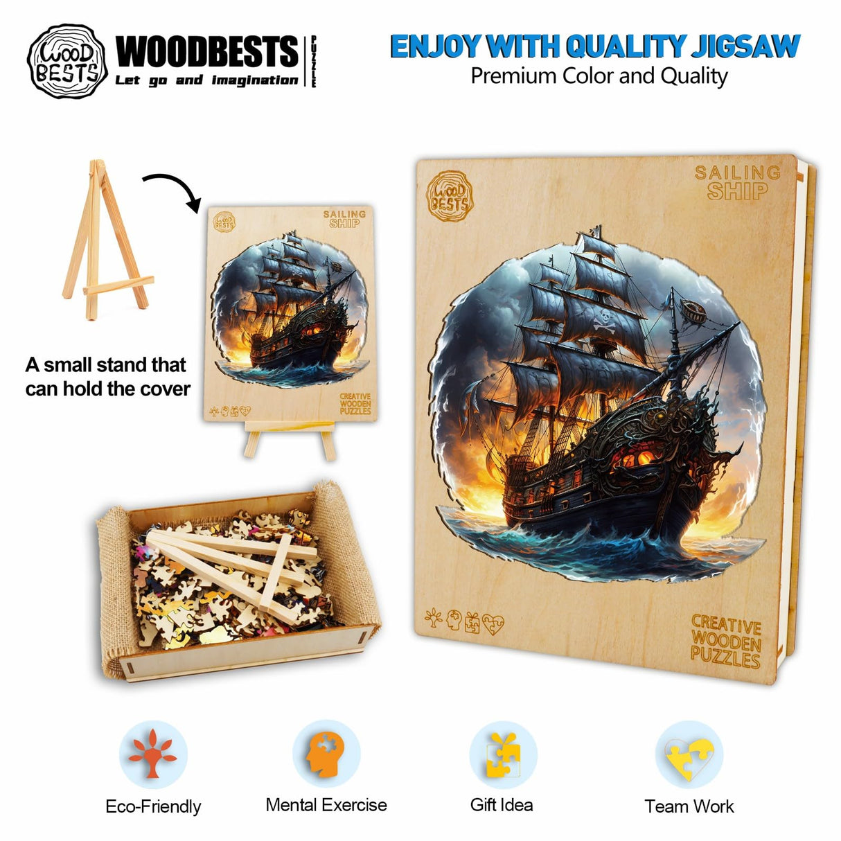 WOODBESTS Wooden Puzzle for Adults, Sailing Ship Puzzle (S, 100pcs, 9.8"x9.7") Beautiful Wooden Box, Wooden Jigsaw Puzzles Unique Shape, Birthday Gifts for Adults and Kids Family Game WOODBESTS