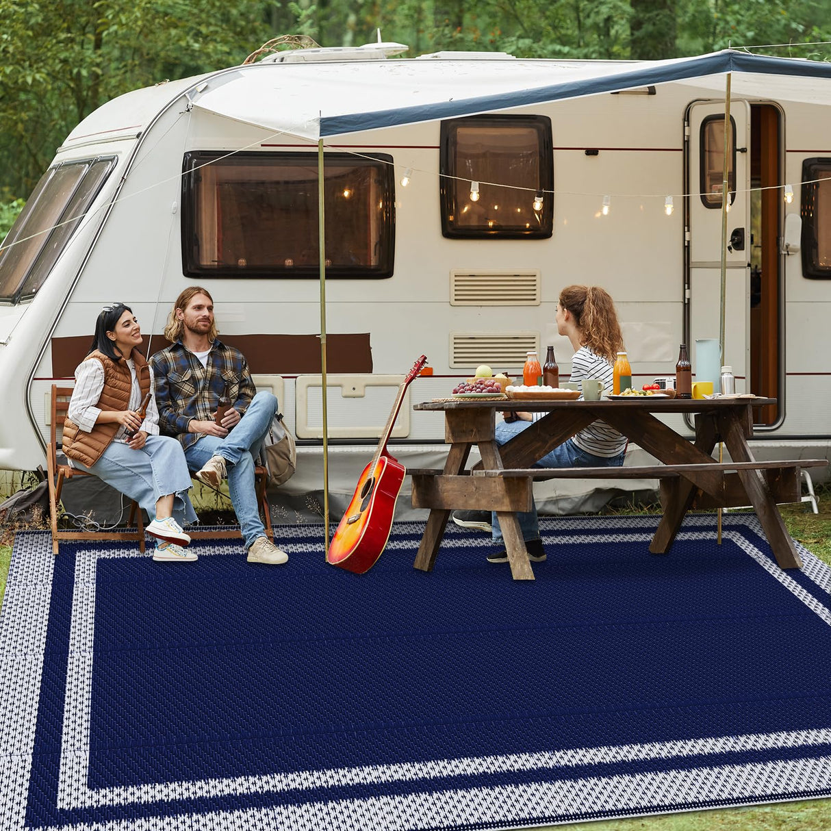 KMAT Outdoor Rug, Waterproof Reversible Patio Rugs, 5x8ft Large Outdoor Area Rug Foldable Plastic Camping Rugs for Outside RV, Patio,Picnic,Camper,Balcony,Porch (Blue &White) KMAT