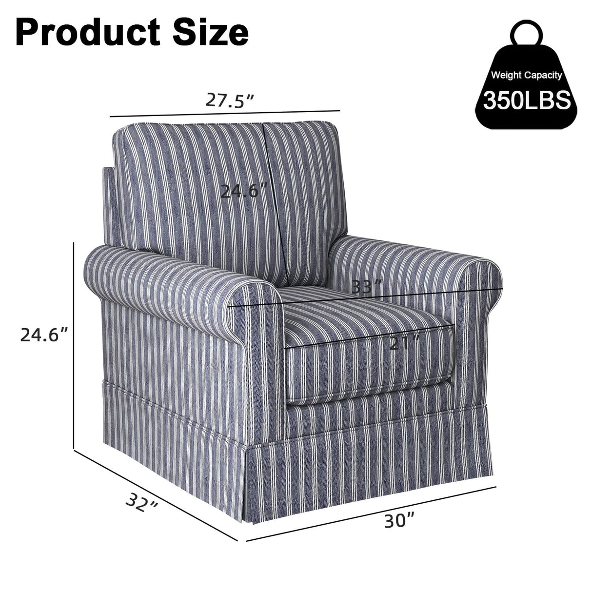 INZOY Swivel Accent Chair Set of 2, Mid Century Modern Reading Chair, Upholstered Swivel Square Chair for Living Room Bedroom Small Spaces, Fully Assembled, Blue Stripe INZOY