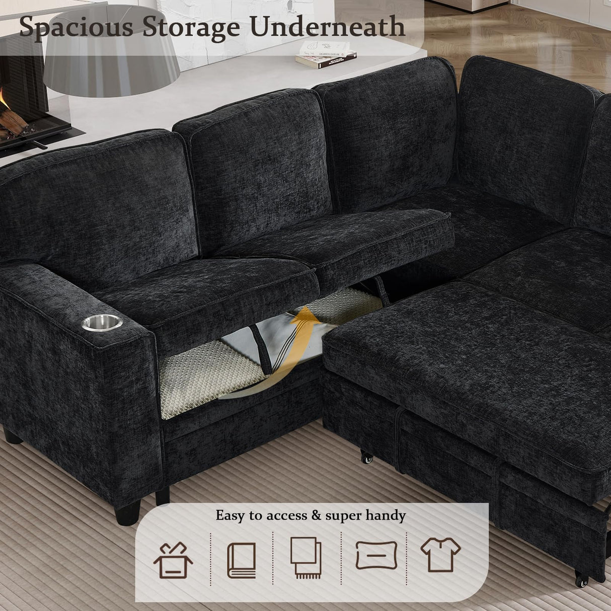 KEIKI 81" L-Shaped Oversized Chenille Modular Sectional Sleeper Sofa with Pull-Out Bed, Storage Seat, Modern 5-Seater Upholstered Couch Bed with Charging Station, Easy Assembly, for Living Room, Black KEIKI
