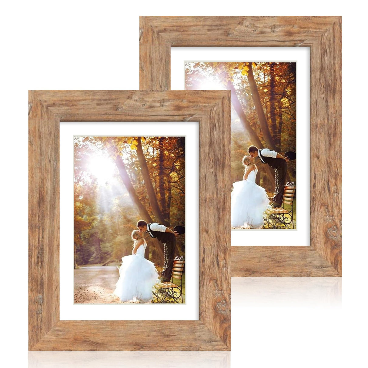 iRahmen 5x7 Picture Frame Set of 2, Rustic Brown Wood with Glass Photo Frame - Display Pictures 4x6 with Mat or 5 x 7 without Mat for Horizontal or Vertical Table top and Wall Mounting iRahmen