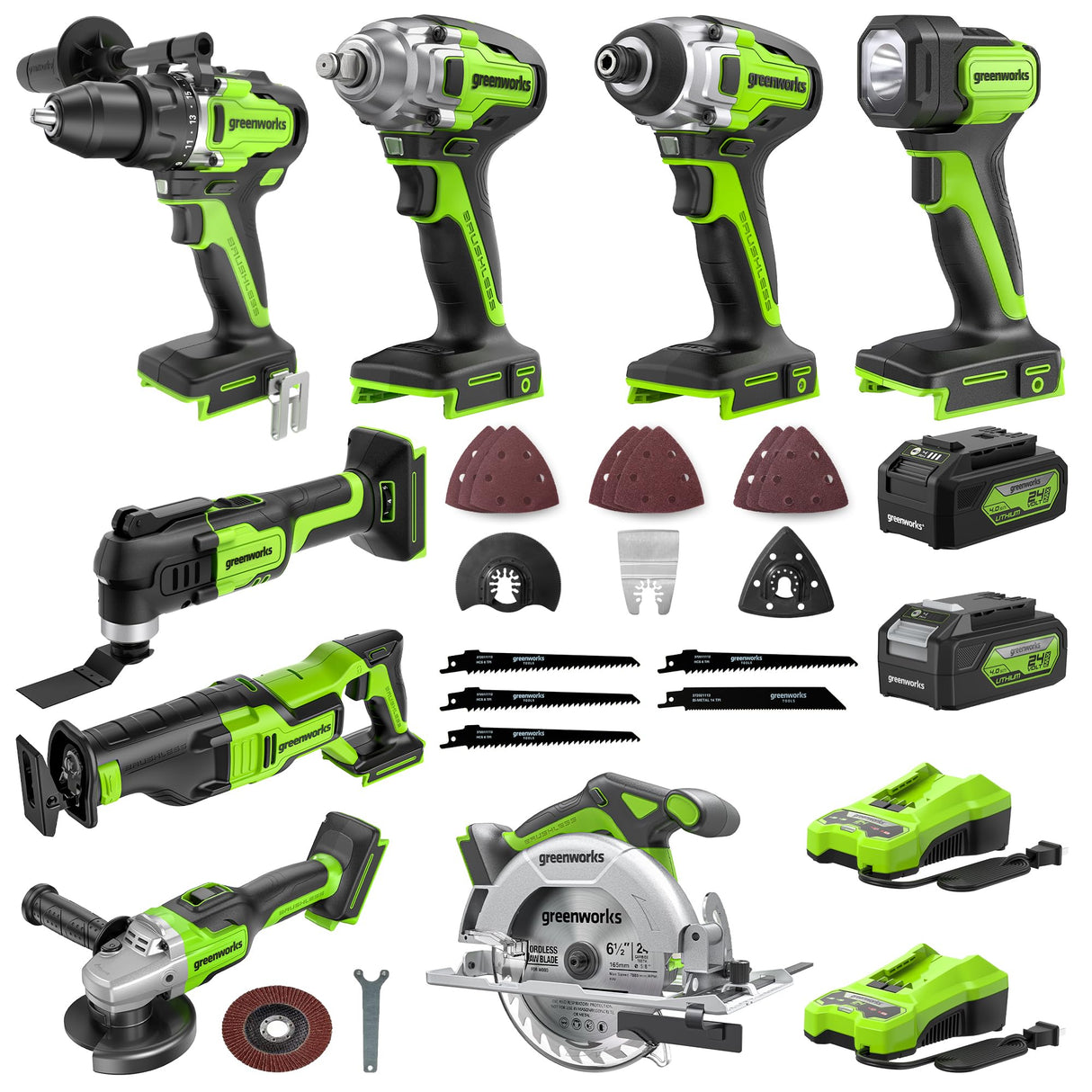 Greenworks 24V 8pcs Combo Kit,(2) Batteries & (2) Chargers. 800in/lb Drill, Impact Driver,Wrench, Multi-tool, Reciprocating Saw, Circular saw, Angle Grinder and Flashlight Greenworks