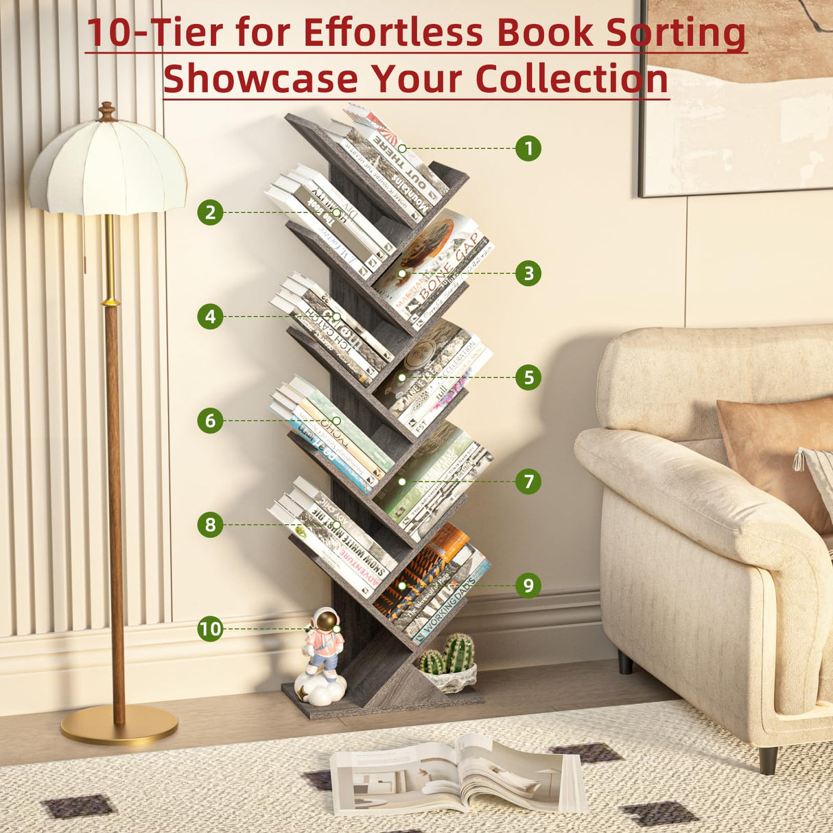 SHEEPAM 10 Tier Tree Book Shelf, Floor Standing Wood Bookshelf for Narrow Space, Storage Organizer Bookshelves for Books/CDs/Magazine, Bookcase with Shelves for Home Office, Living Room - Light Grey SHEEPAM