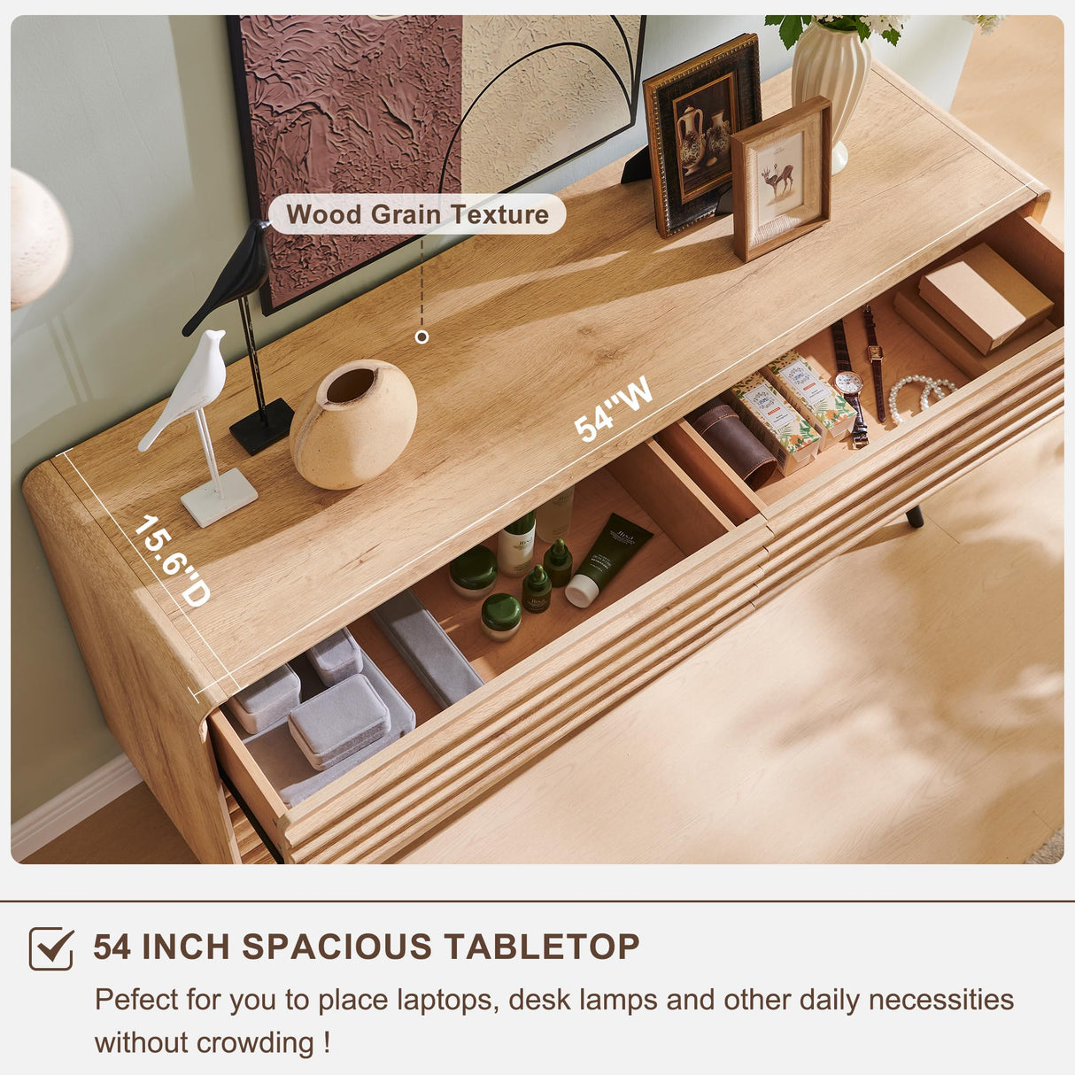 RedLemon 6 Drawers Dresser for Bedroom, 54'' Wide Mid Century Modern Wood Fluted Double Dresser, Chest of Drawers with Tapered Leg for Bedroom, Living Room, Hallway, Closet, Natural Oak RedLemon