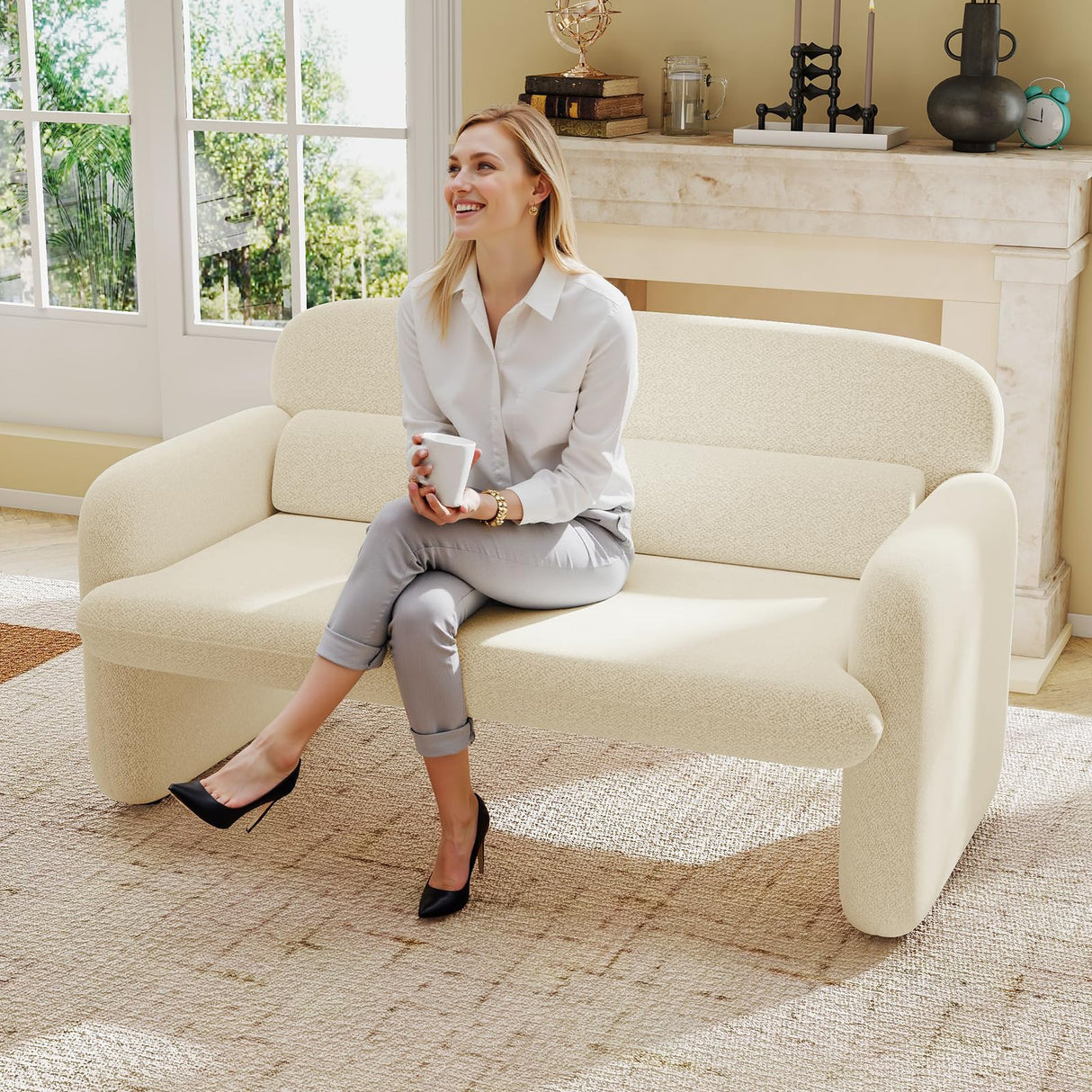 Furnimart Modern Loveseat Sofa, 54" 2-Seater Boucle Sofa, Comfy Upholstered Minimalist Couch, Small Couches for Small Spaces, Apartment, Office, Living Room, Bedroom, Dorm, Chenille White Furnimart