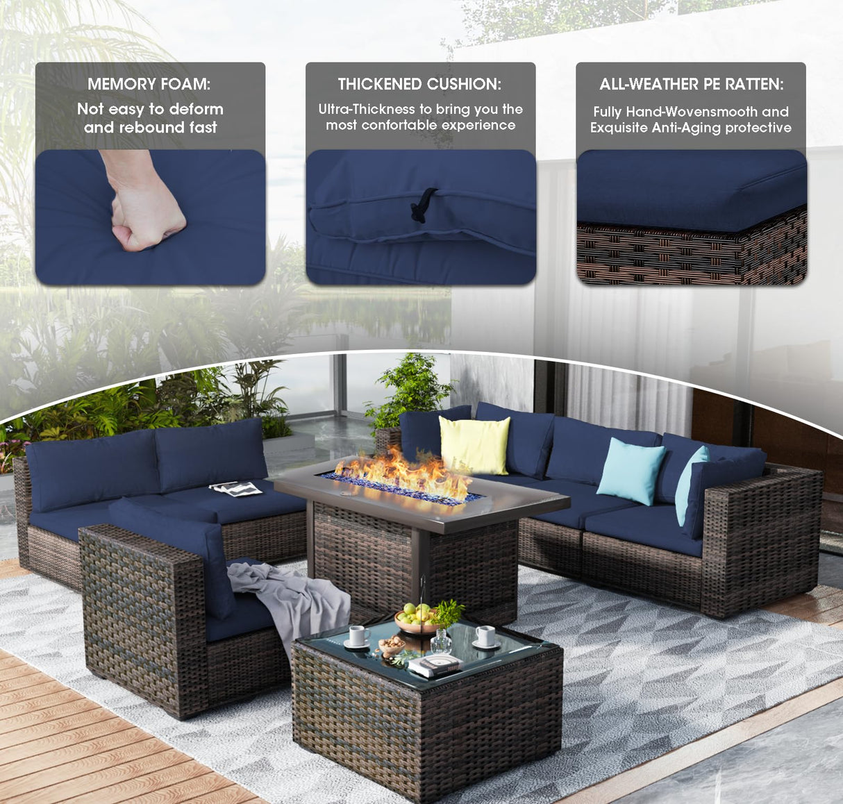 GREZJXC 7 Pieces Outdoor Sectional Patio Furniture Set with Fire Pit Table PE Rattan Wicker Patio Sectional Conversation Set with Cushion Navy Blue GREZJXC
