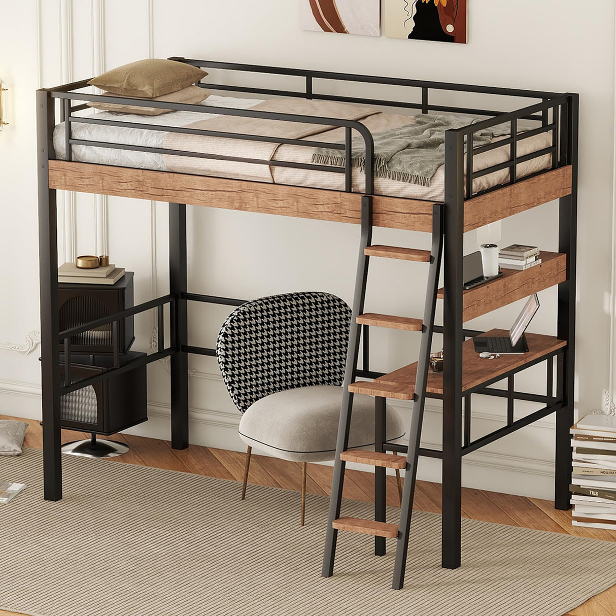 Ball & Cast Metal Twin Loft Bed with Safety Guard & Ladder,Sturdy Metal Bedframe W/Built-in Desk & Storage Shelf,Space Saver,No Box Spring Required,Bedroom Furniture for Boys Girls Teens Adult,Black Ball & Cast