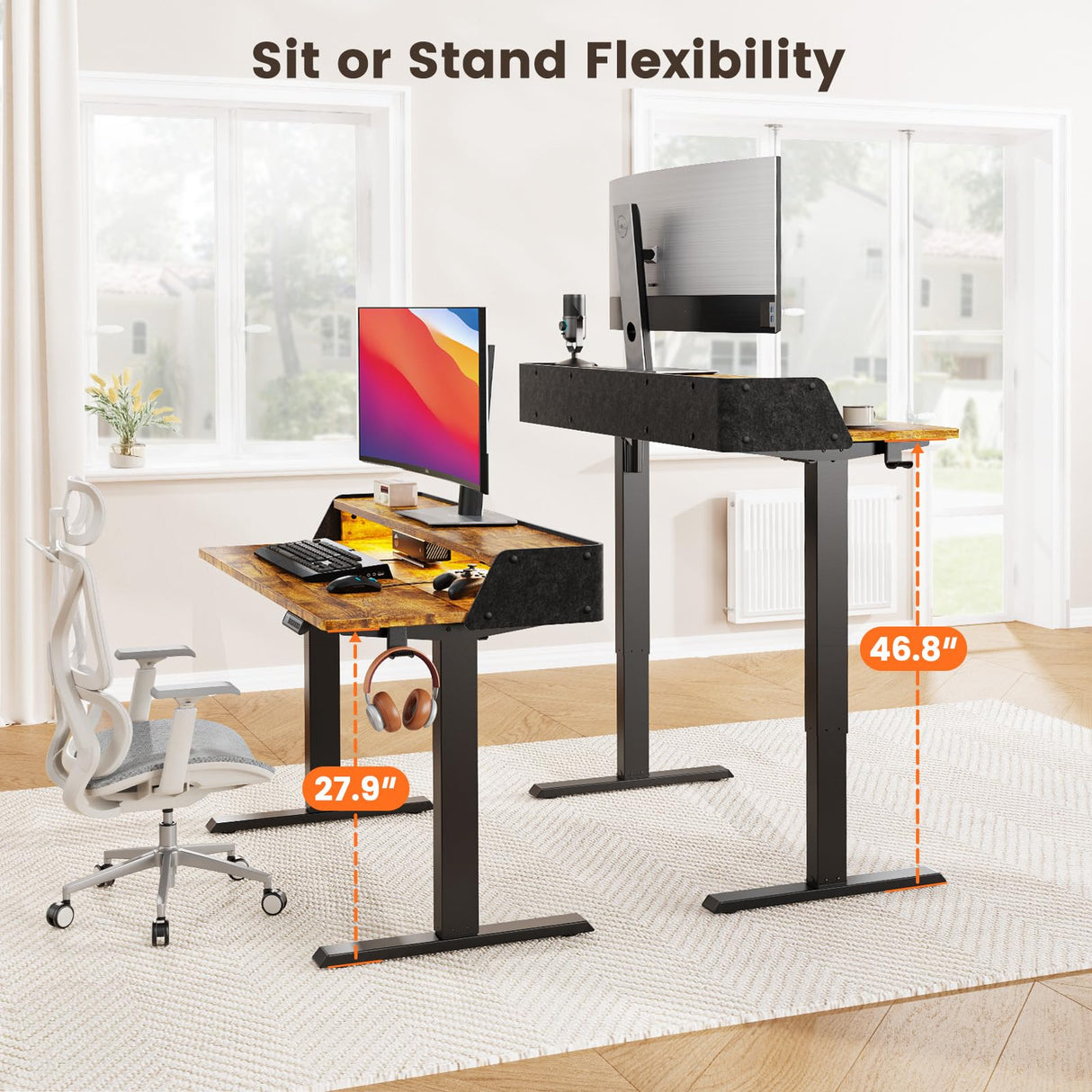 ErGear Standing Desk with LED Strip, 55″ x 28″ Electric Height Adjustable RGB Gaming Desk with Shelf, Sit Stand Desk with Dual Cable Holes, C-Clamp Mount Compatible, 4 Preset Heights, Vintage Brown ErGear