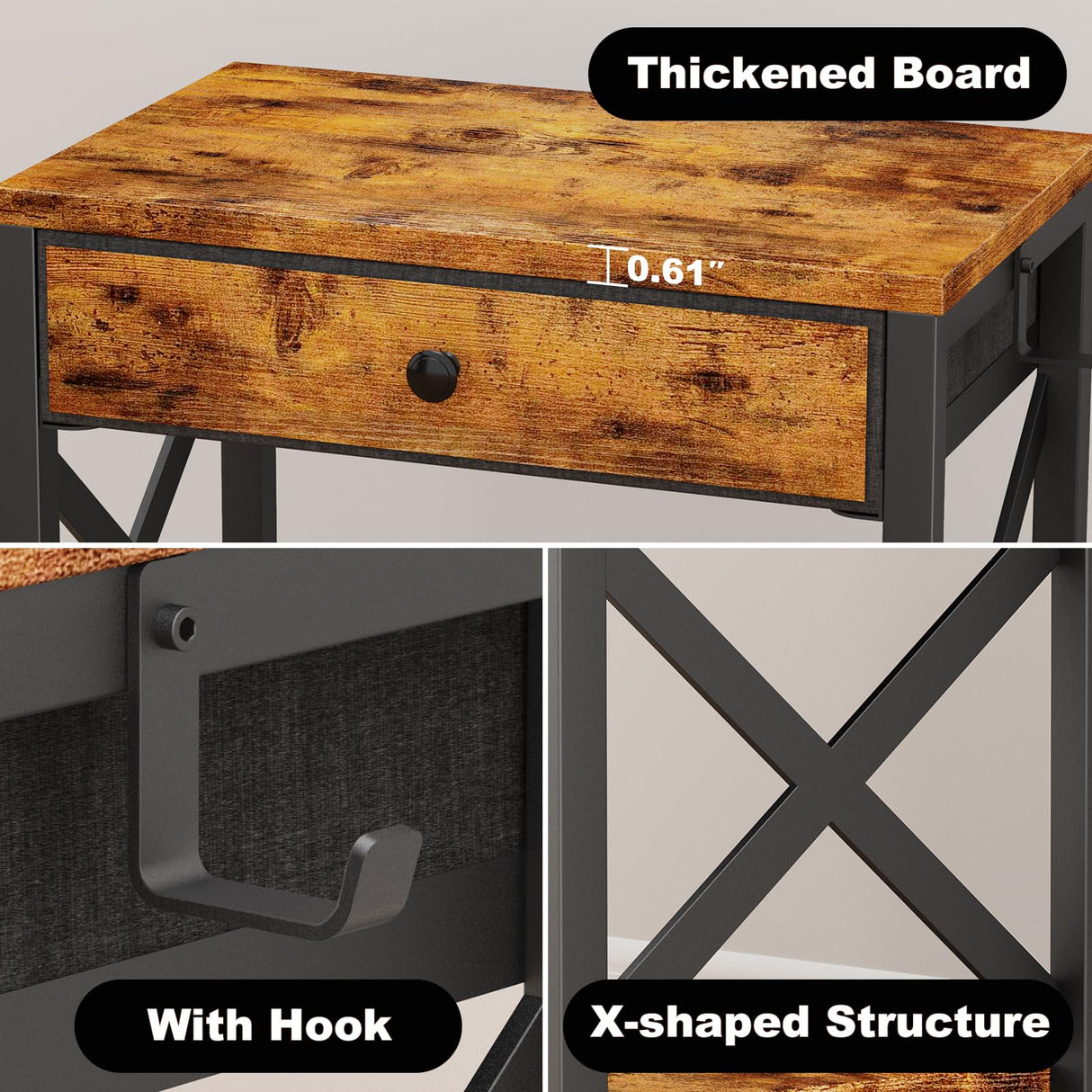 EasyCom 2-Tier Desktop Printer Stand with Large Drawer, Under Desk Printer Table with Wheels, Small Printer Shelf with Storage for Paper Storage Printer Scanner Fax Home Office Use Rustic Brown EasyCom