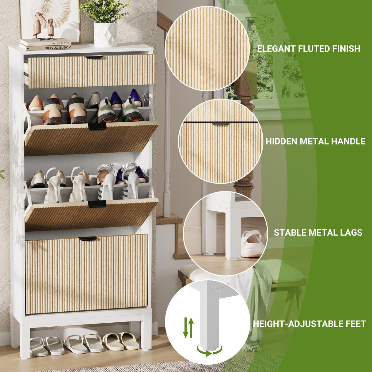 GarveeHome Shoe Cabinet with 3 Flip Doors & 1 Drawer, Entrance Wooden Shoe Rack with Iron Legs, Slim Shoe Storage Cabinet, Modern Fluted Shoe Organizer for Entryway Hallway, White+Oak GarveeHome