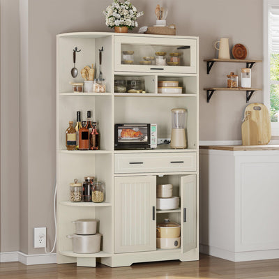 DWVO Kitchen Pantry Cabinet with Drawer, 67" Farmhouse Baker Rack with Power Outlets, Buffet Sideboard w/Microwave Stand, Cupboard Hutch Storage Cabinet for Kitchen, Living Room, Dining Room (White)
