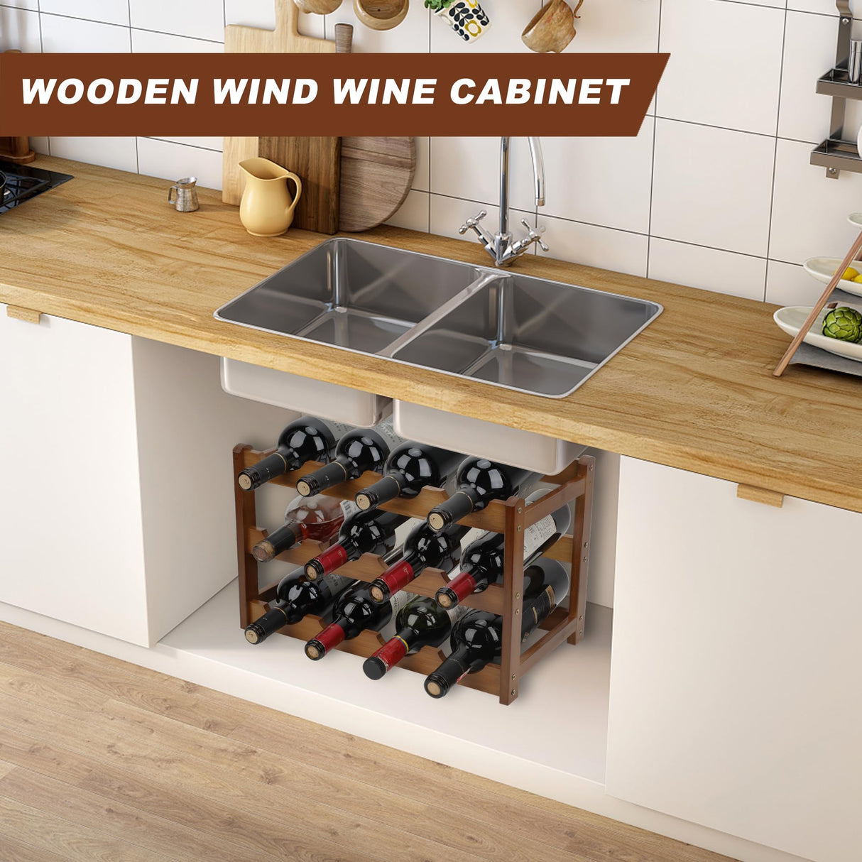 CAMOAT Bamboo Wine Rack,Wine Racks Countertop, Small Wine Rack Freestanding Floor,3 Tiers 12 Bottles Wine Rack,Sturdy and Durable Wine Rack Shelf for Cabinets Kitchen,Home Bar,Wine Storage CAMOAT