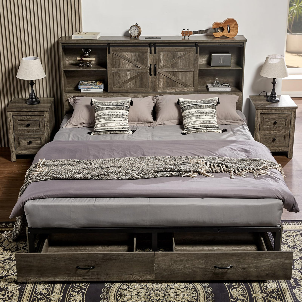 VanAcc Rustic Grey Queen Size Wooden Platform Bed Frame with Bookcase Headboard & Storage Drawers VanAcc