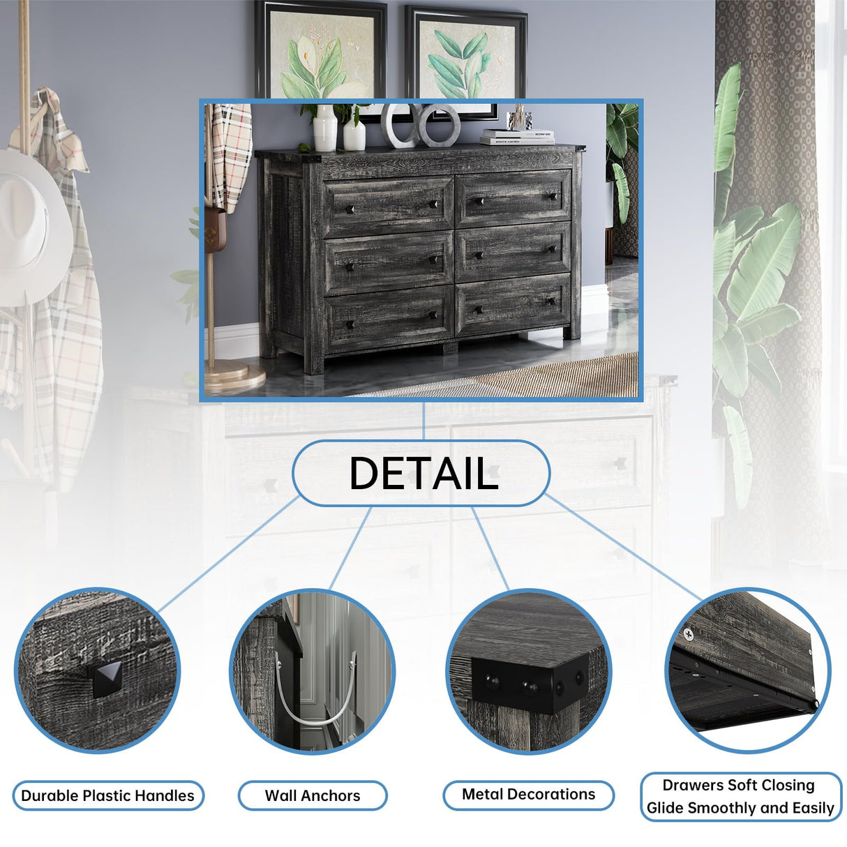 HUANLEGO Grey Dresser for Bedroom with 6 Drawers, Farmhouse Wood Dressers Bedroom Furniture 6 Chest of Drawers, Rustic Wide Storage Drawers Dressers Organizer for Closet, Living Room, Hallway HUANLEGO