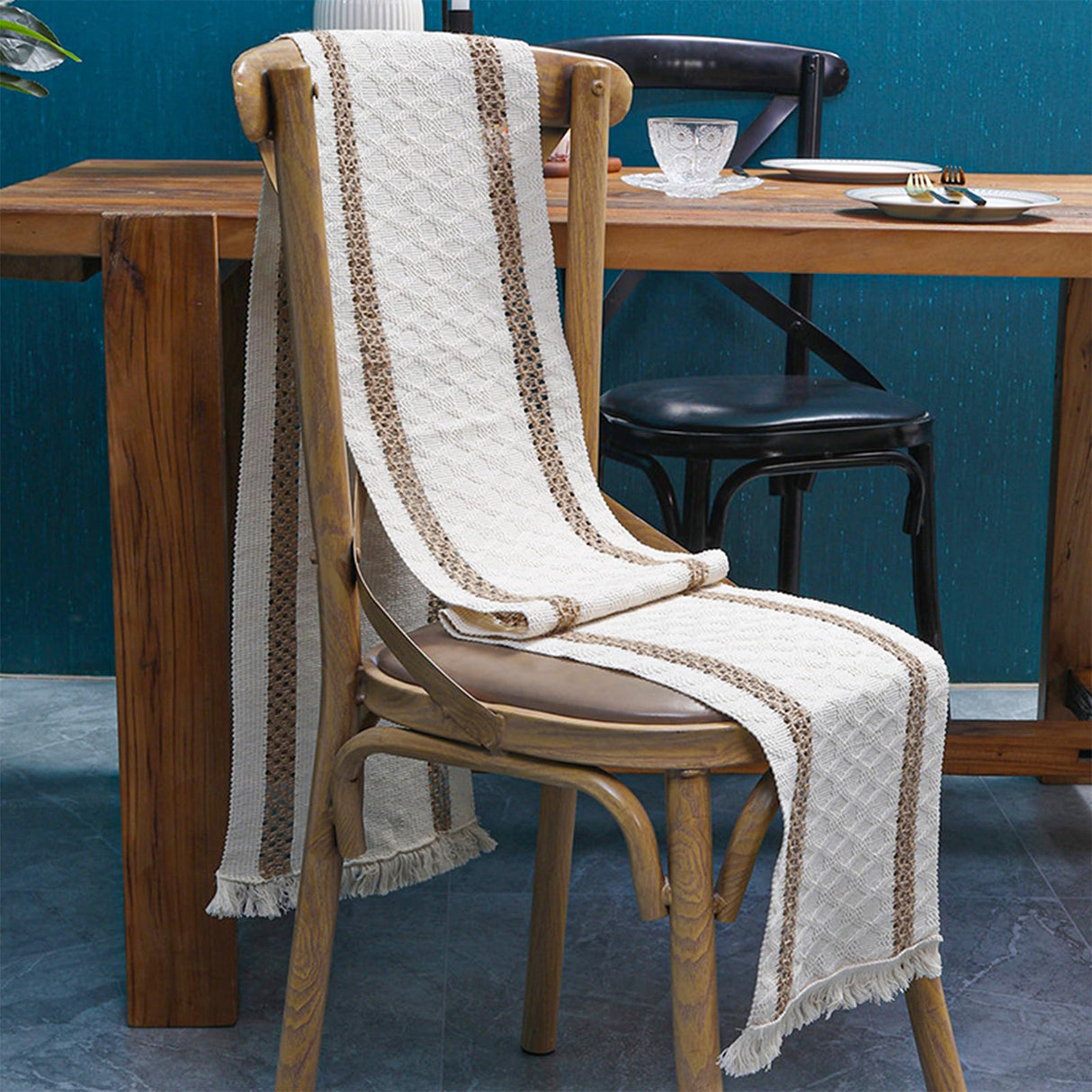 Niviy Boho Table Runner for Thanksgiving Christmas Winter Home Decor 72 Inches Long Farmhouse Macrame Table Runner Cotton Linen Woven Table Runners for Dining Table Decoration, Beige & Brown Niviy