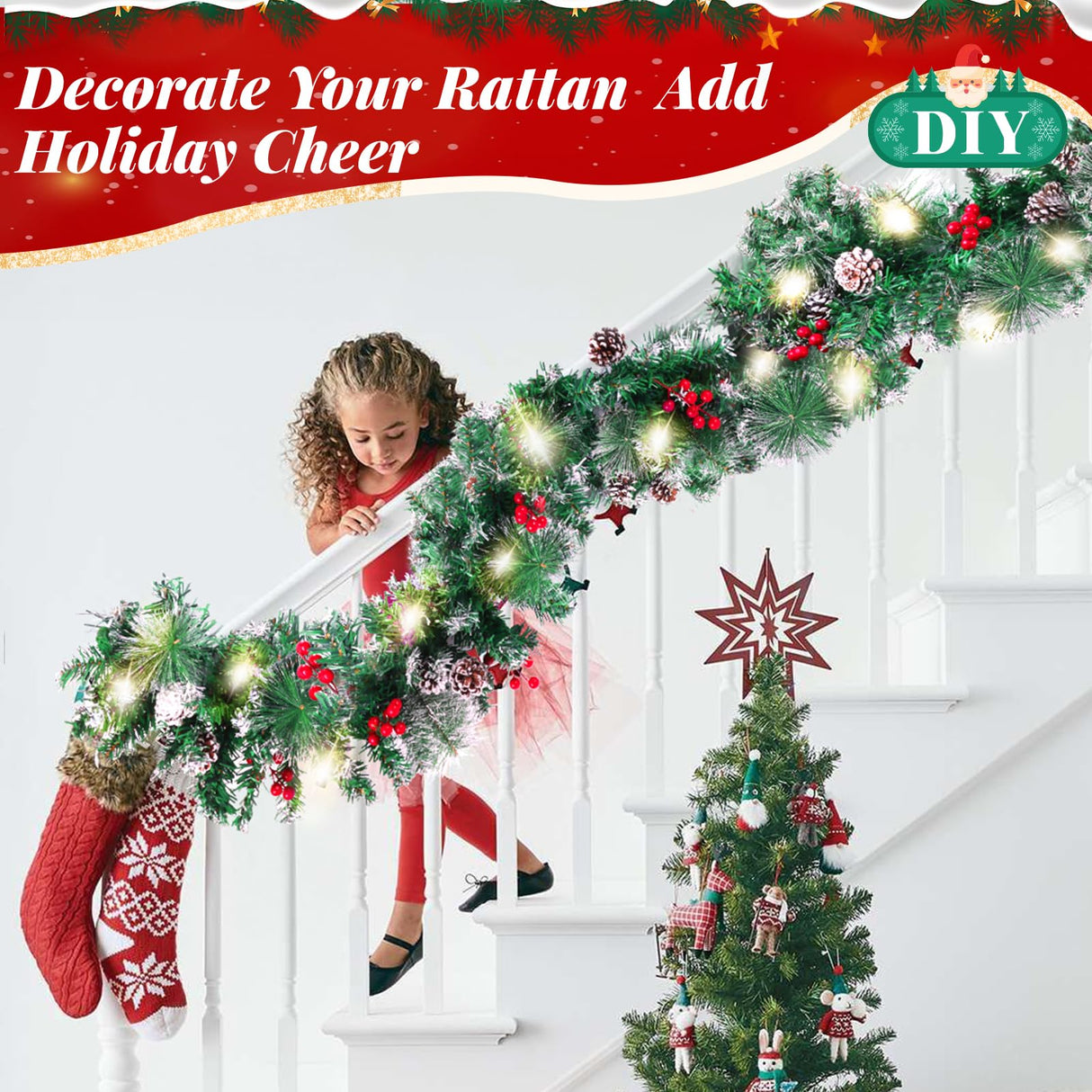 BlessedSeason Christmas Garland with Lights, 9FT Artificial Lighted Garland Indoor for Stairs, Fireplace, 50 Lights Green Garland, Pine Cones & Red Berries & Pine Needle BlessedSeason